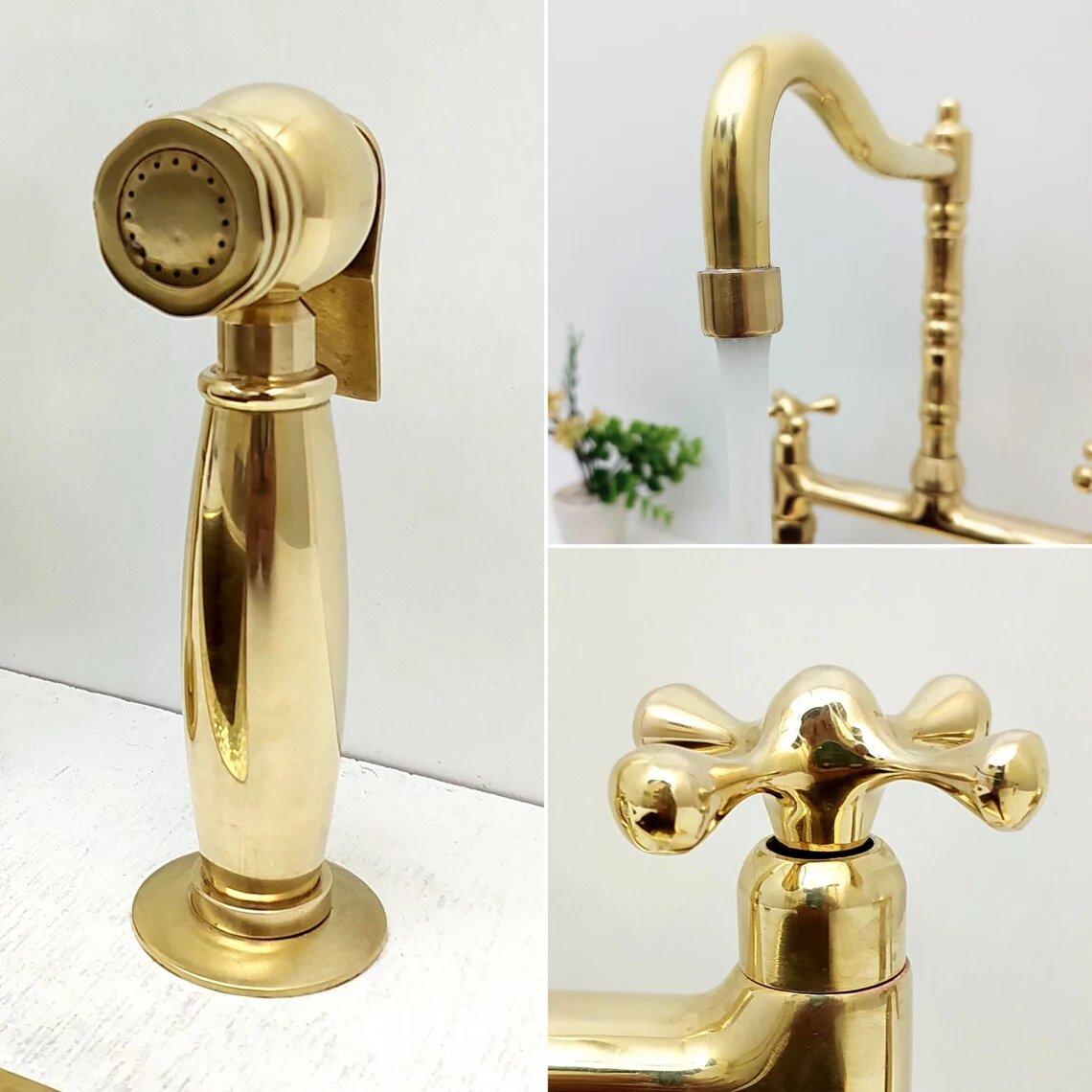 Unlacquered Brass Bridge Kitchen Faucet with Sprayer - Ref: APCL-4