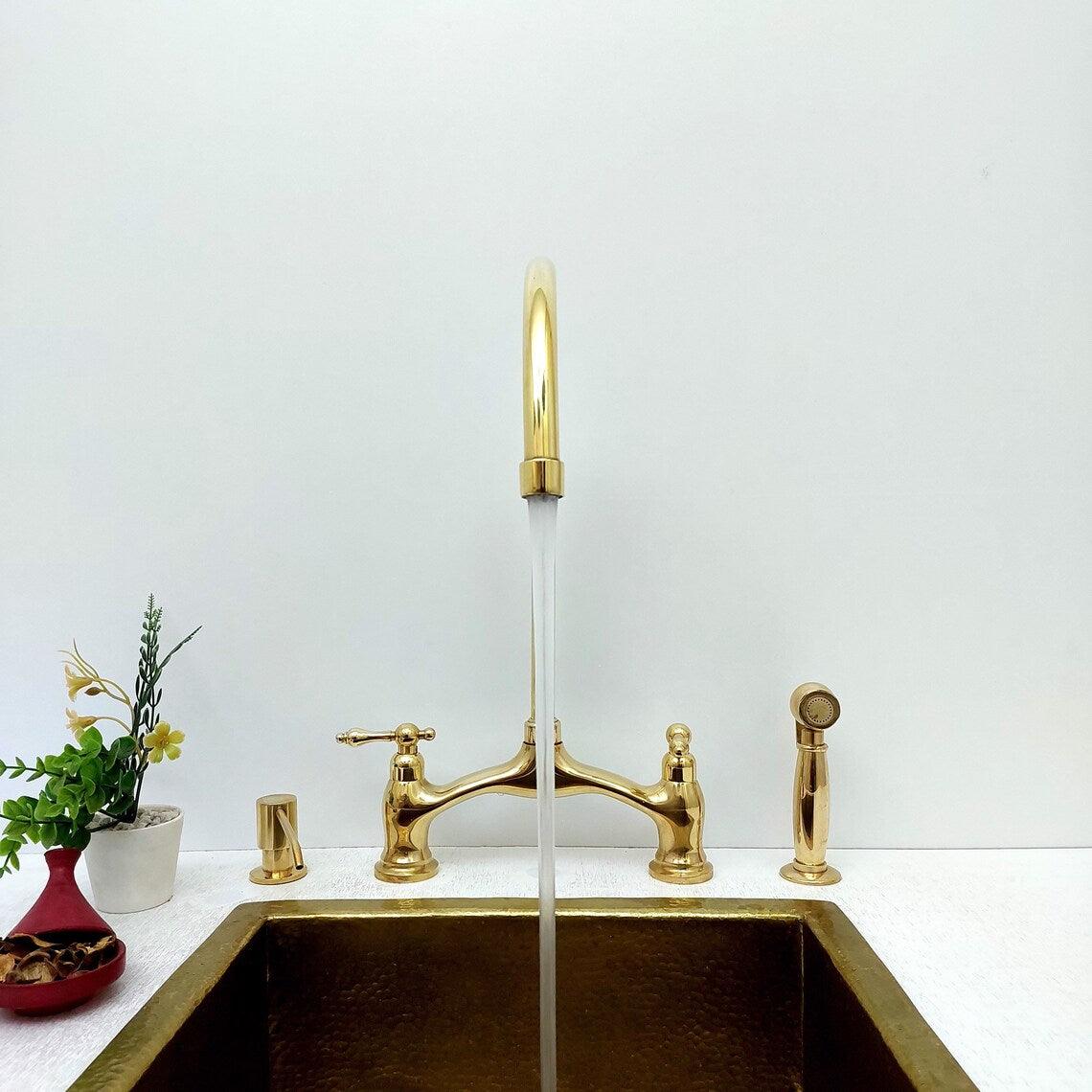 Unlacquered Brass Bridge Vintage Kitchen Faucet With Sprayer and Soap Dispenser, Living Finish Antique Brass Kitchen Faucet-ref:APCL-8