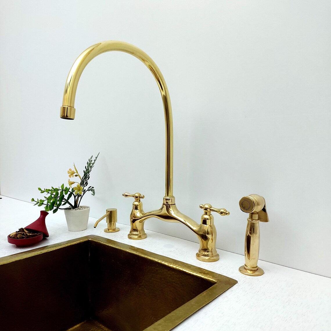 Unlacquered Brass Bridge Vintage Kitchen Faucet With Sprayer and Soap Dispenser, Living Finish Antique Brass Kitchen Faucet-ref:APCL-8