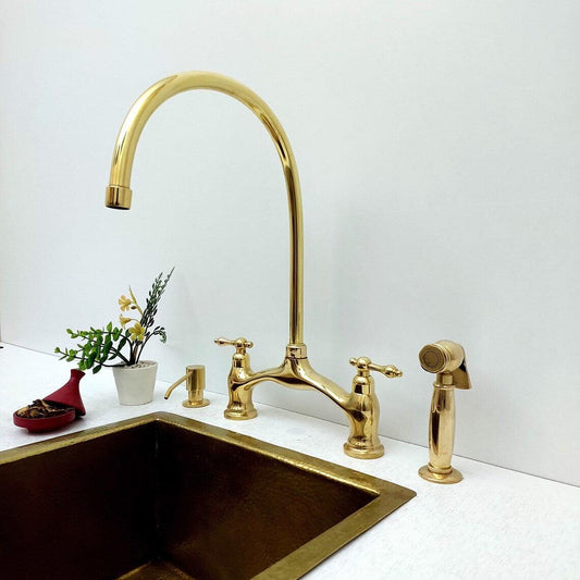 Unlacquered Brass Bridge Vintage Kitchen Faucet With Sprayer and Soap Dispenser, Living Finish Antique Brass Kitchen Faucet-ref:APCL-8