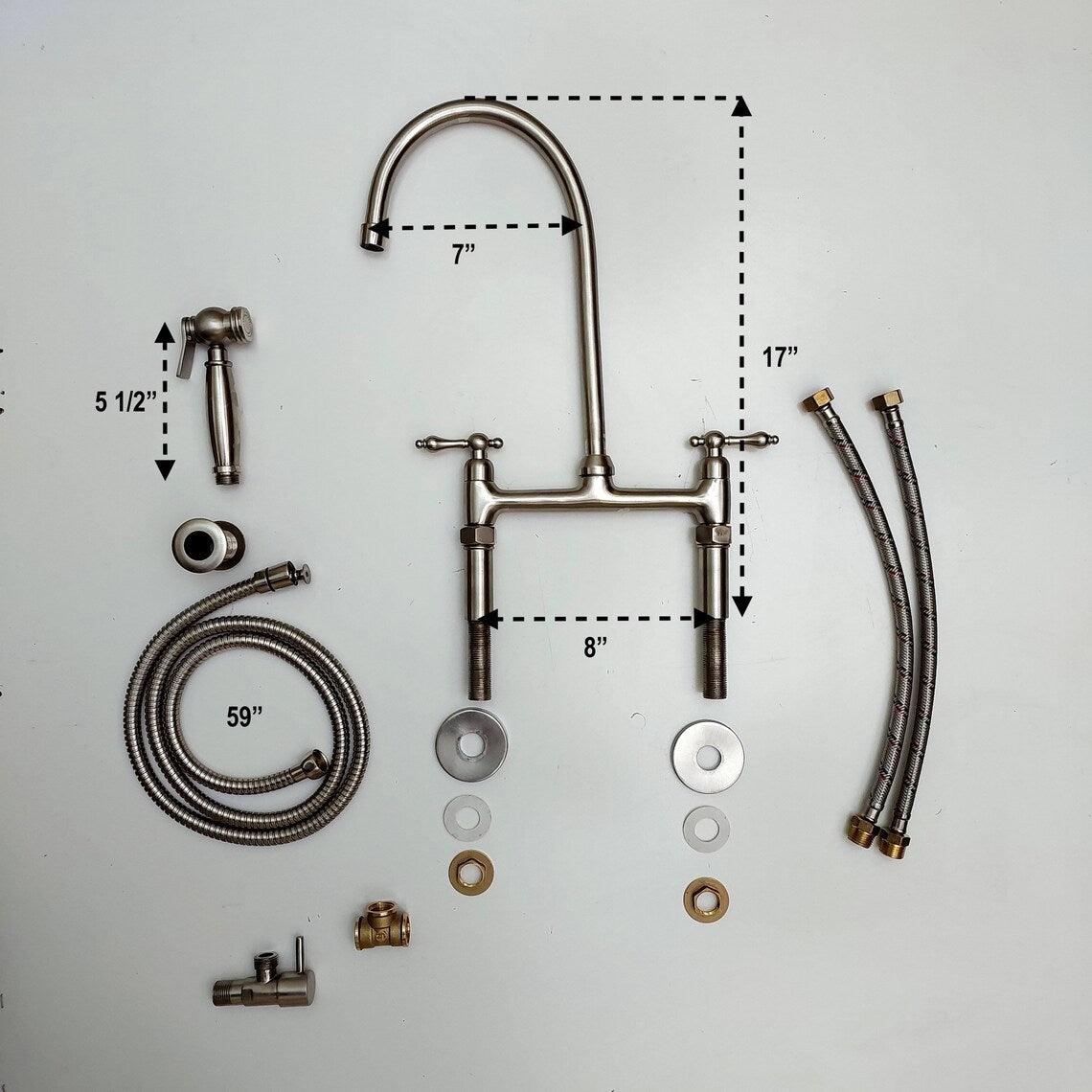 8" Nickel Finish Bridge Faucet  With Sprayer and Lever Handles-ref:APCL-7
