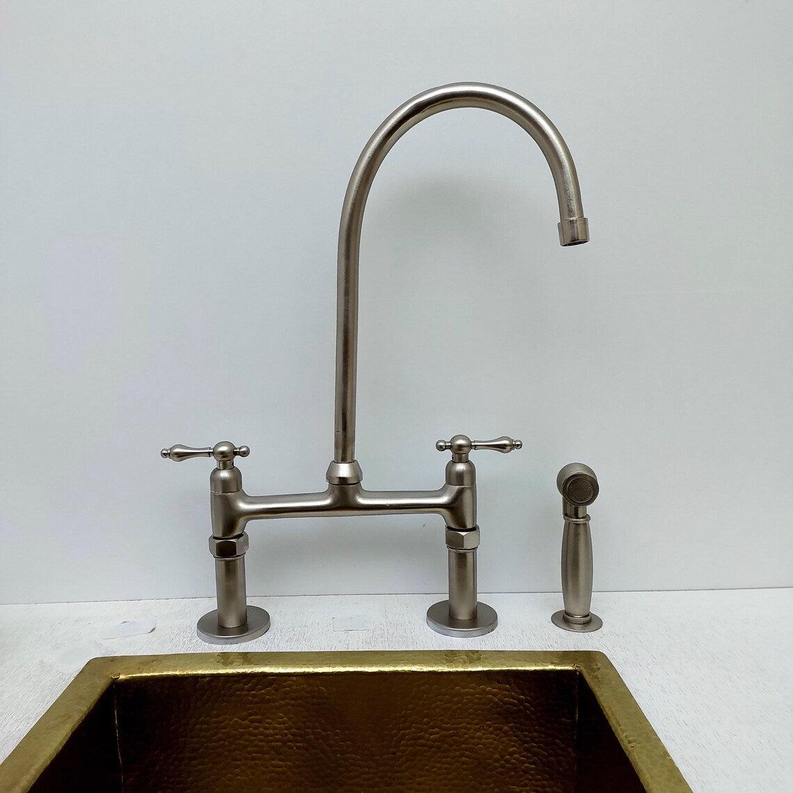 8" Nickel Finish Bridge Faucet  With Sprayer and Lever Handles-ref:APCL-7