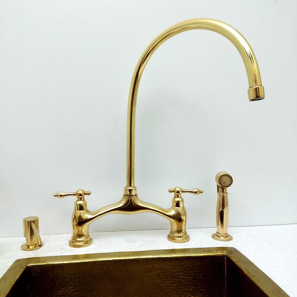 Unlacquered Brass Bridge Vintage Kitchen Faucet With Sprayer and Soap Dispenser, Living Finish Antique Brass Kitchen Faucet-ref:APCL-8