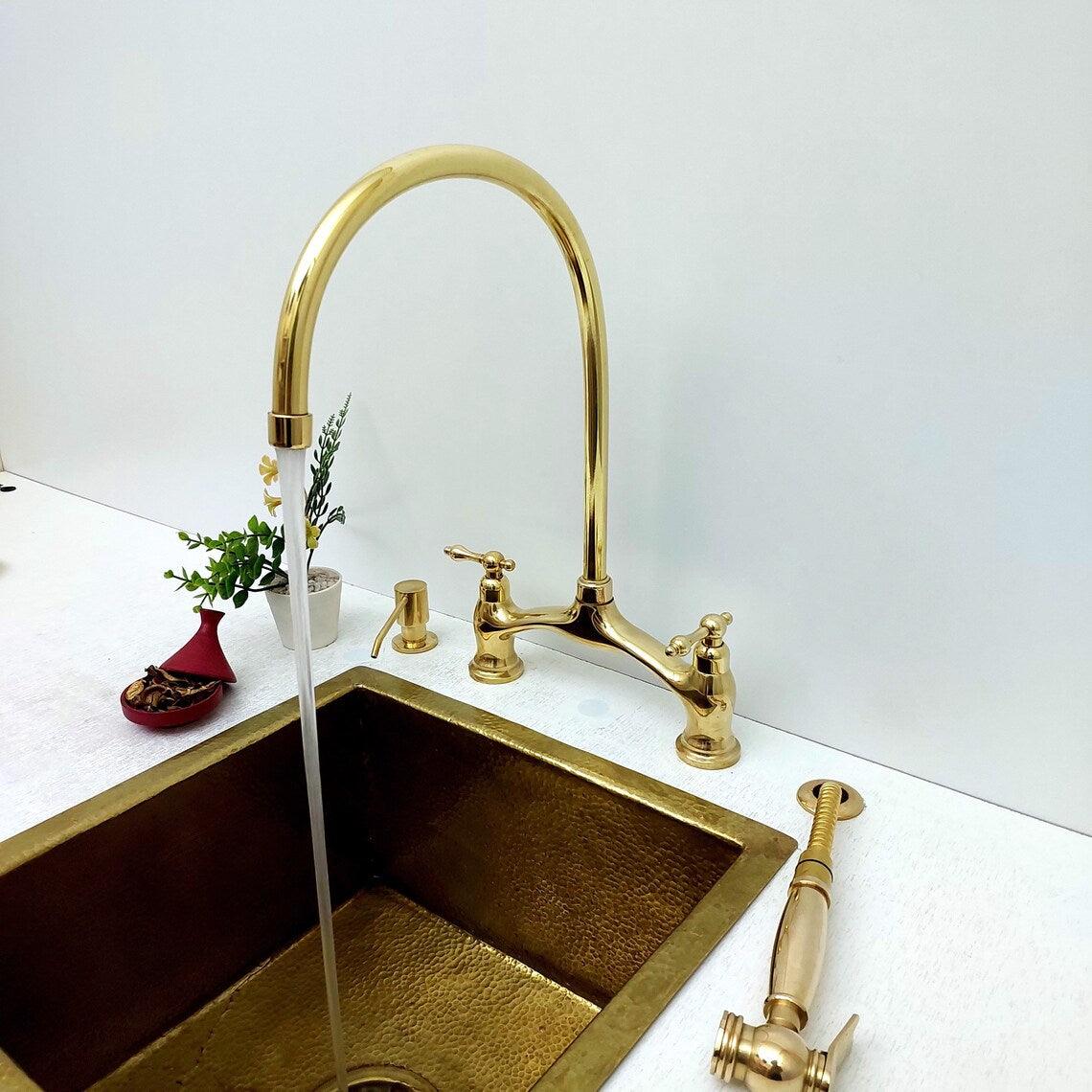 Unlacquered Brass Bridge Vintage Kitchen Faucet With Sprayer and Soap Dispenser, Living Finish Antique Brass Kitchen Faucet-ref:APCL-8