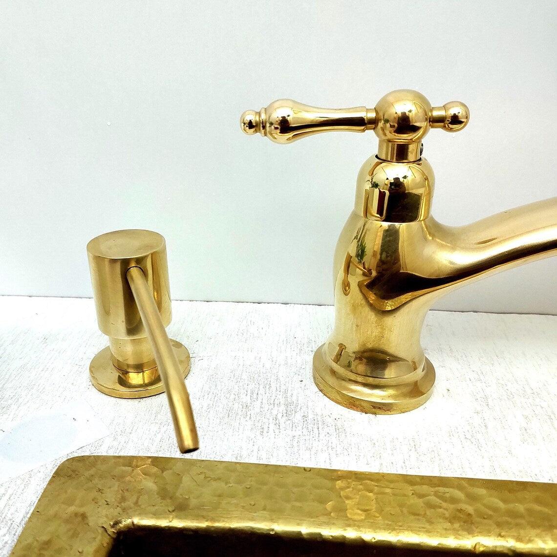 Unlacquered Brass Bridge Vintage Kitchen Faucet With Sprayer and Soap Dispenser, Living Finish Antique Brass Kitchen Faucet-ref:APCL-8
