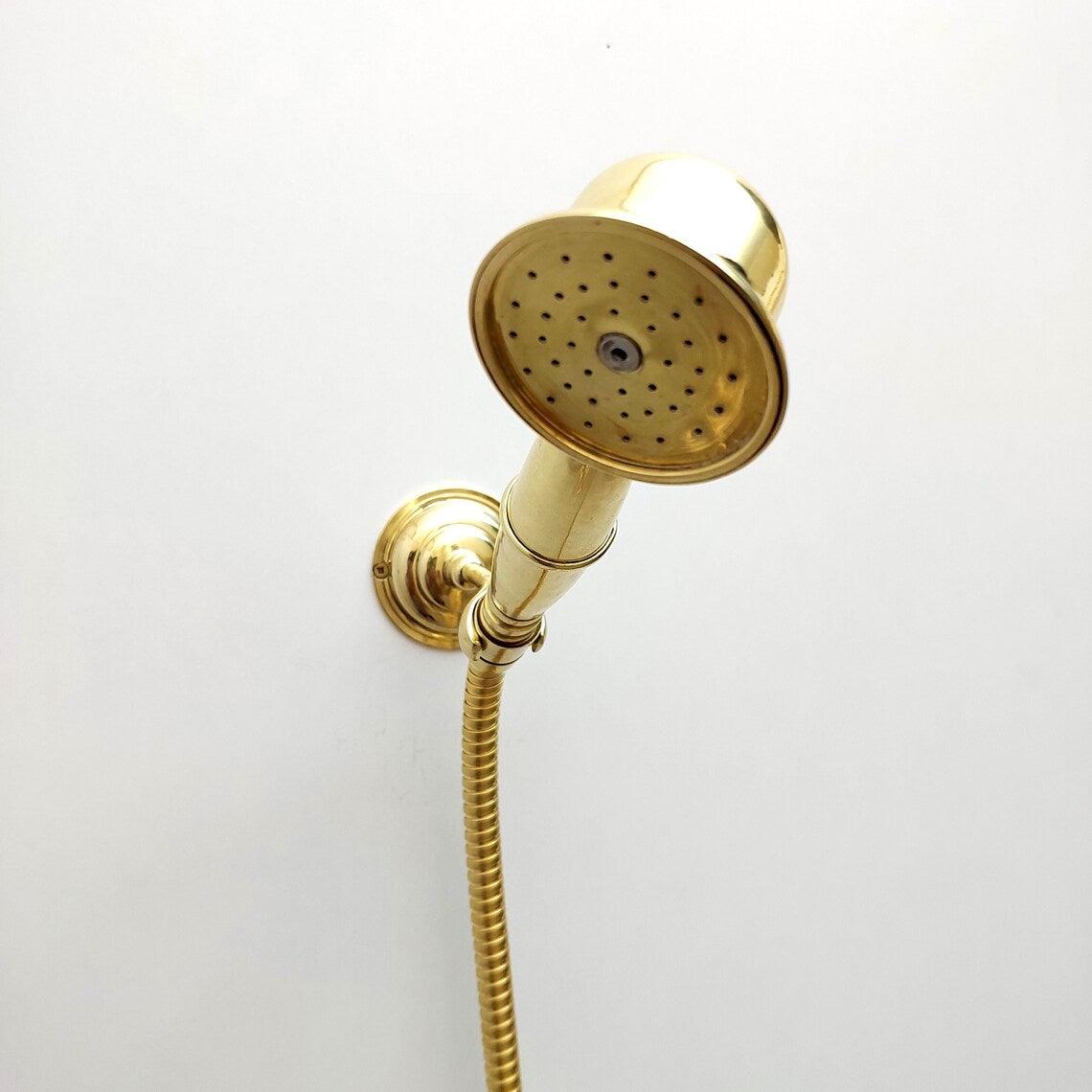 Unlacquered Brass Shower System with Handheld Shower Head and Round Shower Head - Ref: ATLASS44