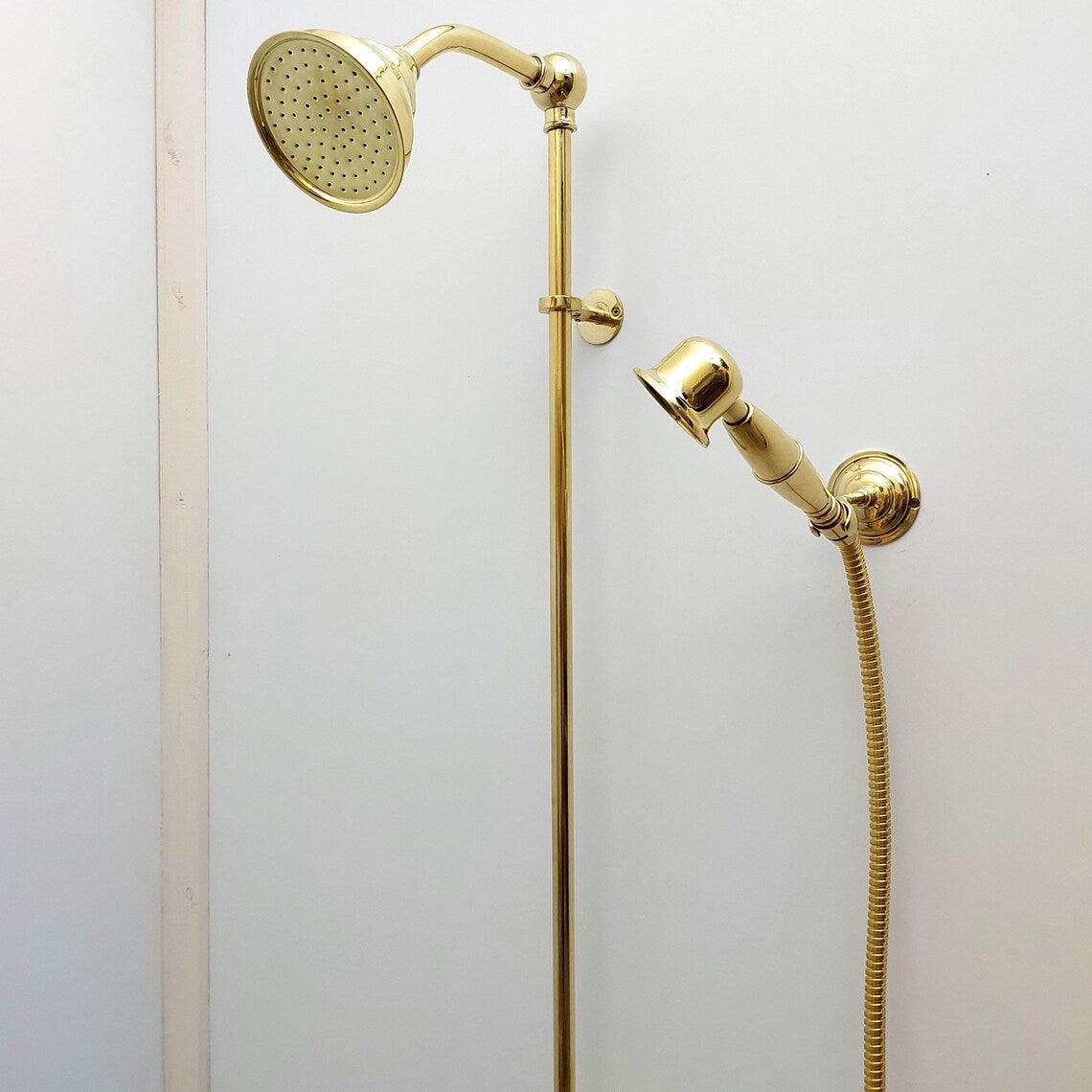 Unlacquered Brass Shower System with Handheld Shower Head and Round Shower Head - Ref: ATLASS44