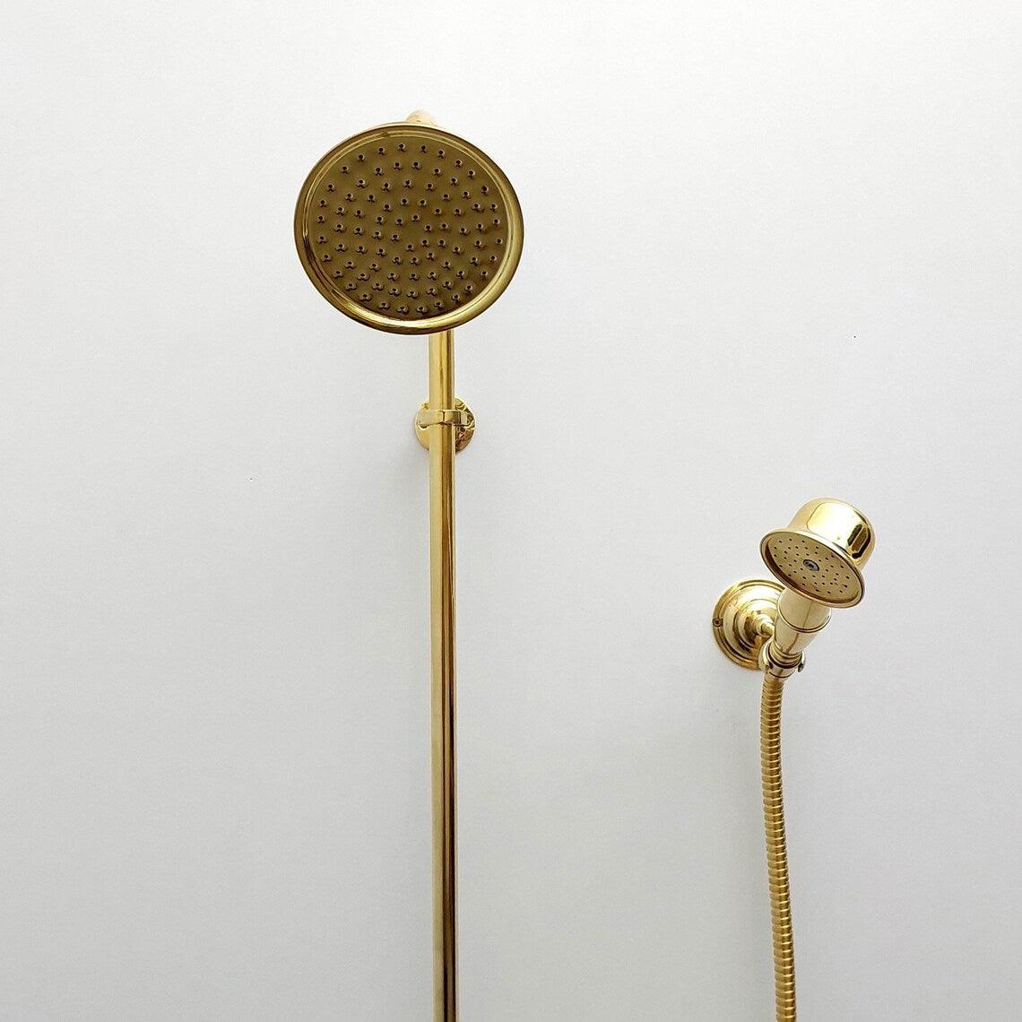 Unlacquered Brass Shower System with Handheld Shower Head and Round Shower Head - Ref: ATLASS44