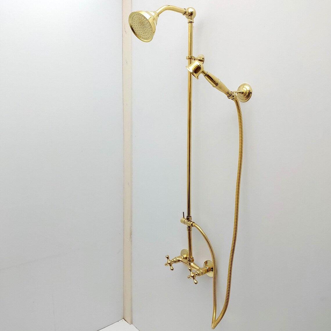 Unlacquered Brass Shower System with Handheld Shower Head and Round Shower Head - Ref: ATLASS44