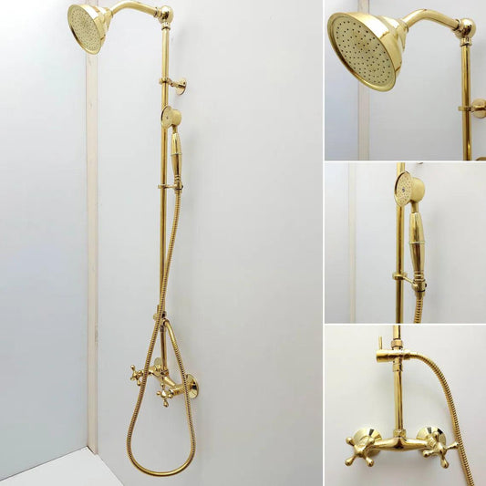 Unlacquered Brass Shower System with Round Shower Head and Handheld Shower Head- Ref: ATLASS43