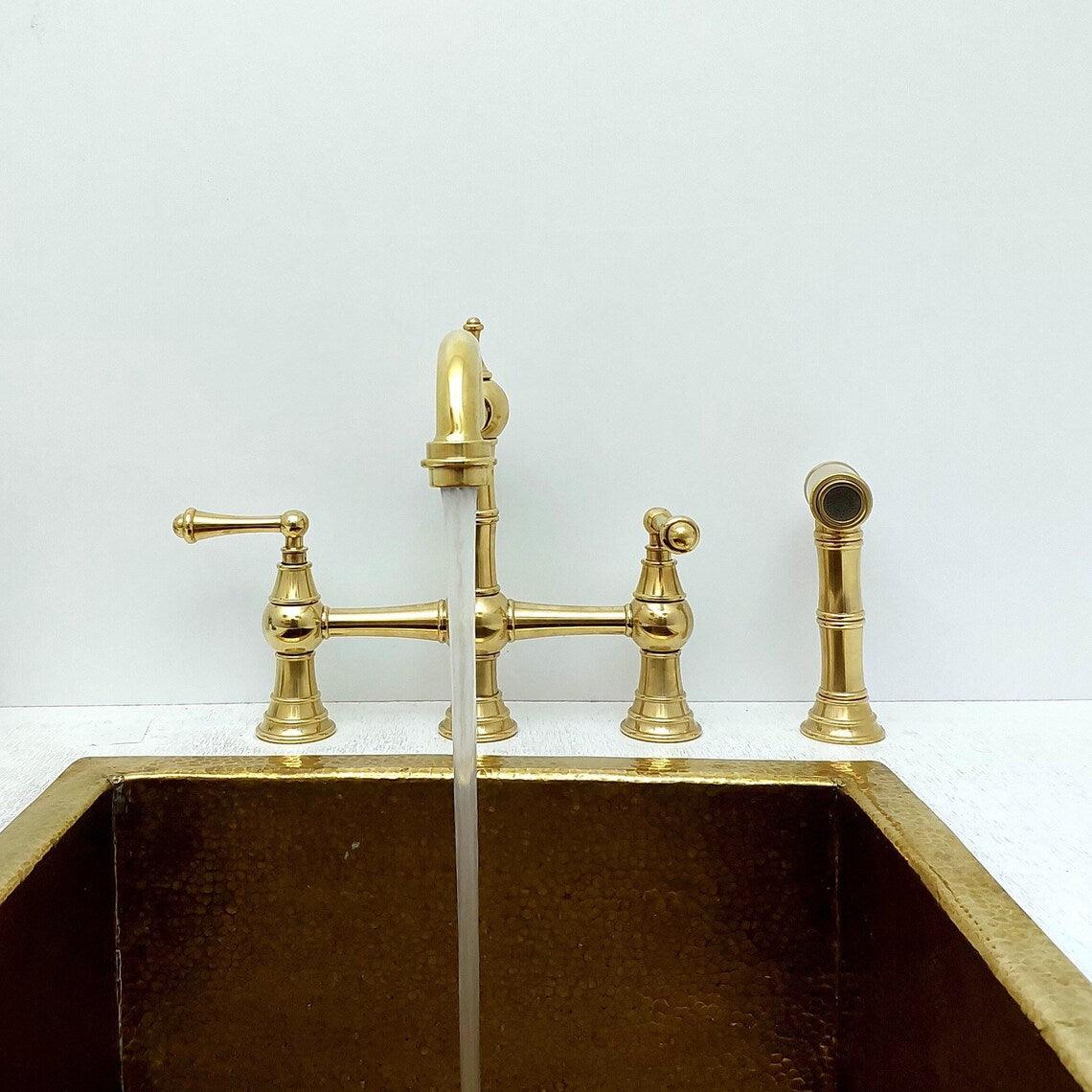 Unlacquered Brass Kitchen Victorian Bridge Faucet with Sprayer - Ref: AKFL-2
