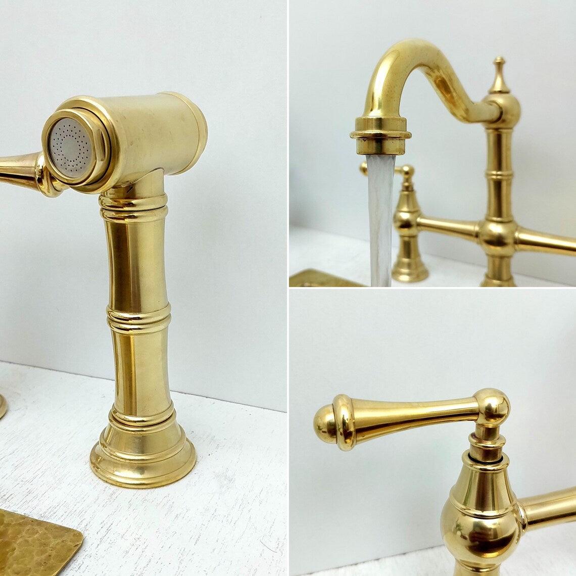 Unlacquered Brass Kitchen Victorian Bridge Faucet with Sprayer - Ref: AKFL-2