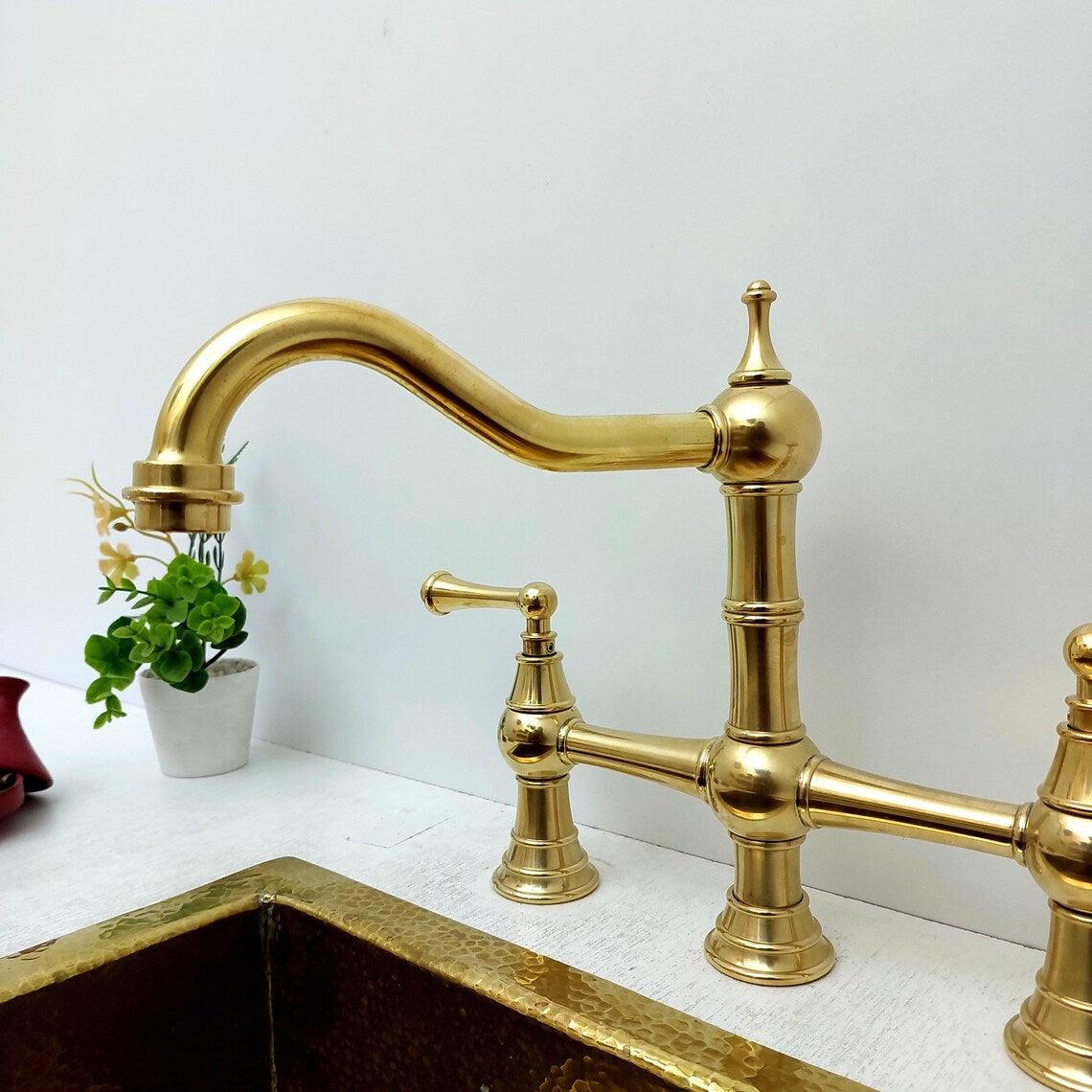 Unlacquered Brass Kitchen Victorian Bridge Faucet with Sprayer - Ref: AKFL-2