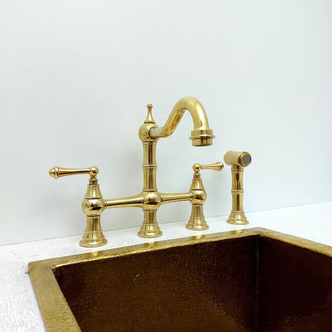 Unlacquered Brass Kitchen Victorian Bridge Faucet with Sprayer - Ref: AKFL-2