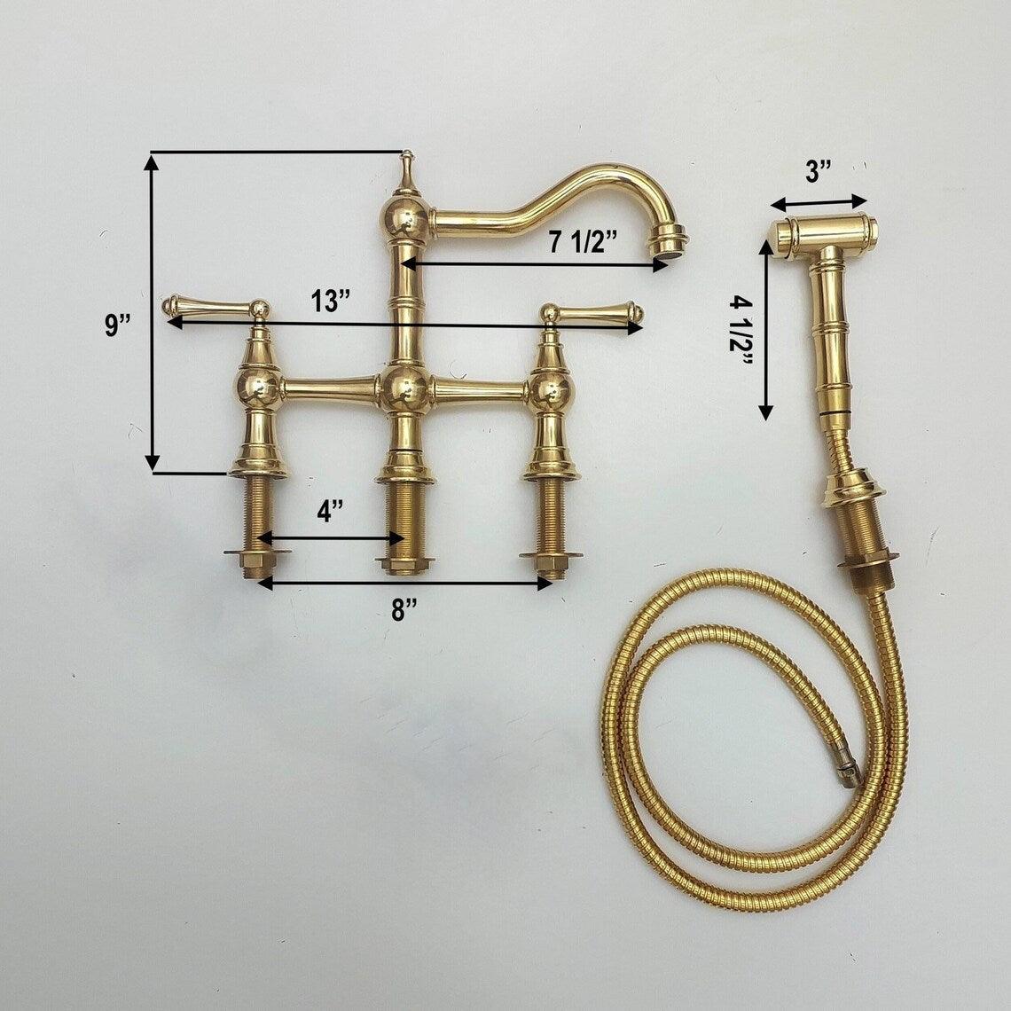 Unlacquered Brass Kitchen Victorian Bridge Faucet with Sprayer - Ref: AKFL-2