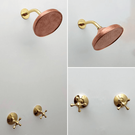 Unlacquered Brass Shower System with Copper Round Rain Shower Head Ref - ATLASS32