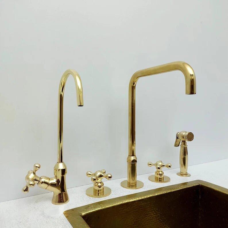 Unlacquered Brass 3 Holes Vintage Deck Mounted Faucet with Sprayer & Cold Water Tap-ref: APCL-9
