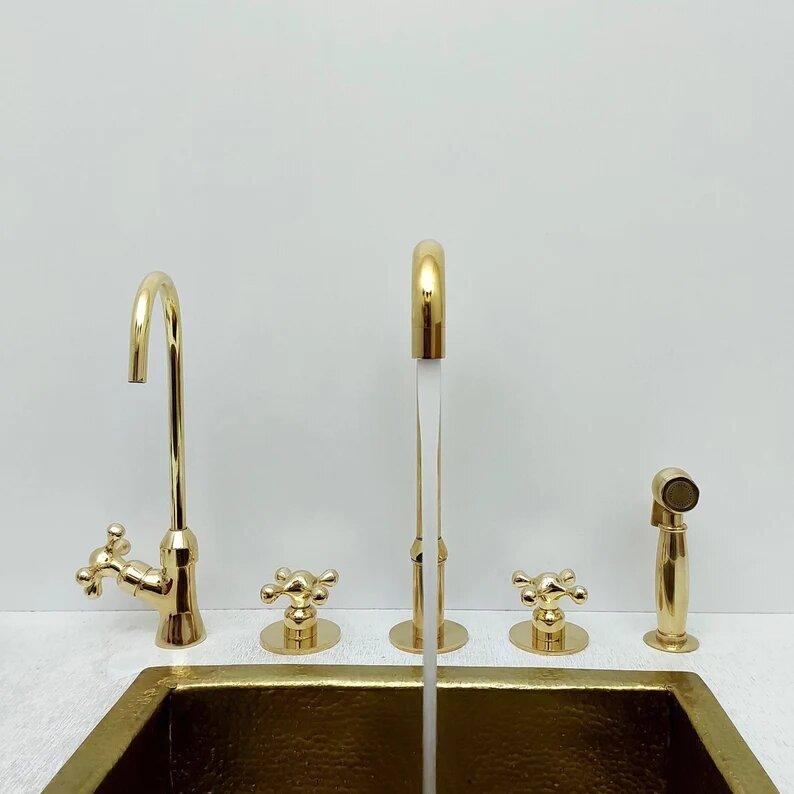 Unlacquered Brass 3 Holes Vintage Deck Mounted Faucet with Sprayer & Cold Water Tap-ref: APCL-9