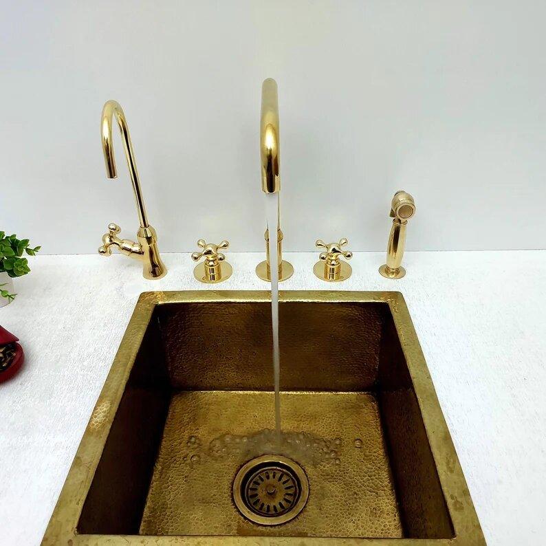 Unlacquered Brass 3 Holes Vintage Deck Mounted Faucet with Sprayer & Cold Water Tap-ref: APCL-9