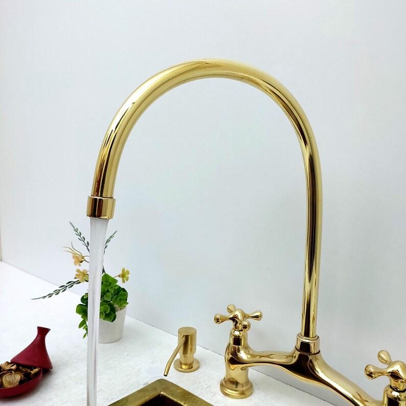 Unlacquered Brass Bridge Vintage Kitchen Faucet With Sprayer and Soap Dispenser, Living Finish Antique Brass Kitchen Faucet-ref:APCL-9