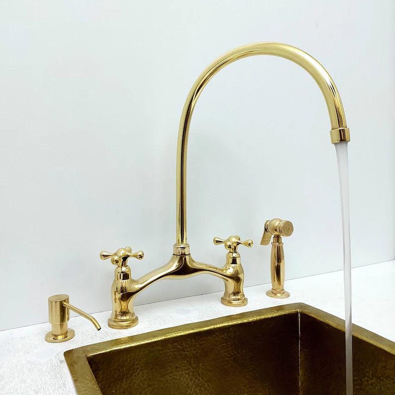 Unlacquered Brass Bridge Vintage Kitchen Faucet With Sprayer and Soap Dispenser, Living Finish Antique Brass Kitchen Faucet-ref:APCL-9