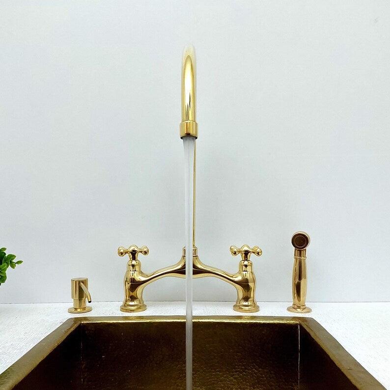 Unlacquered Brass Bridge Vintage Kitchen Faucet With Sprayer and Soap Dispenser, Living Finish Antique Brass Kitchen Faucet-ref:APCL-9
