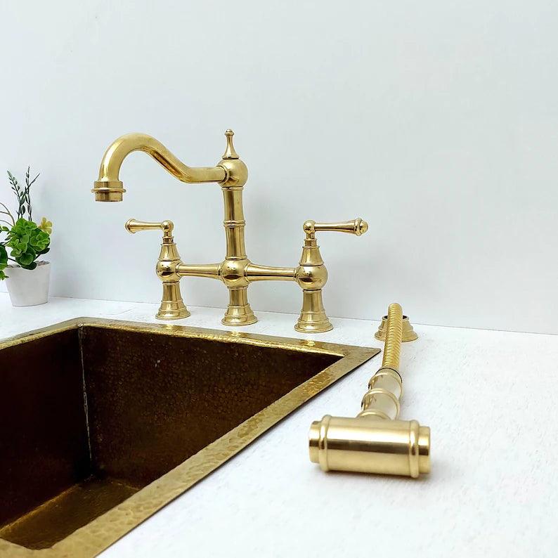 Unlacquered Brass Kitchen Victorian Bridge Faucet with Sprayer - Ref: AKFL-2