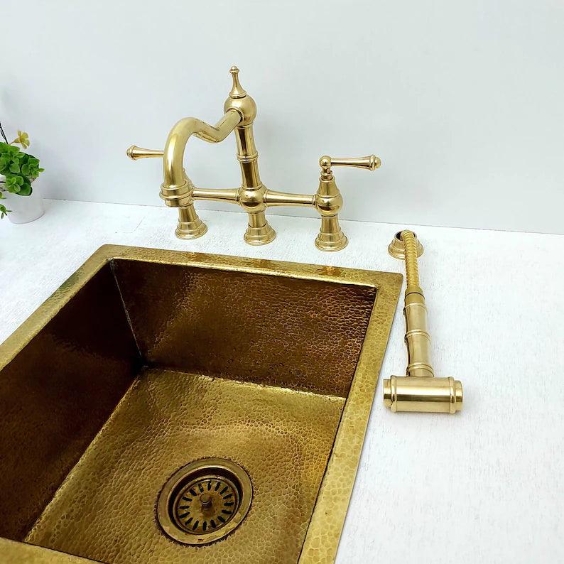 Unlacquered Brass Kitchen Victorian Bridge Faucet with Sprayer - Ref: AKFL-2
