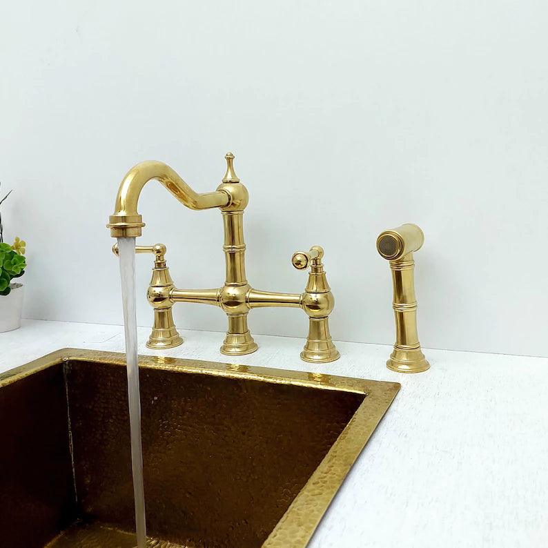 Unlacquered Brass Kitchen Victorian Bridge Faucet with Sprayer - Ref: AKFL-2