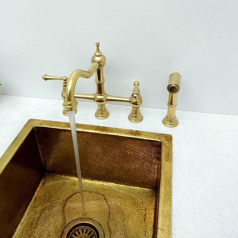 Unlacquered Brass Kitchen Victorian Bridge Faucet with Sprayer - Ref: AKFL-2