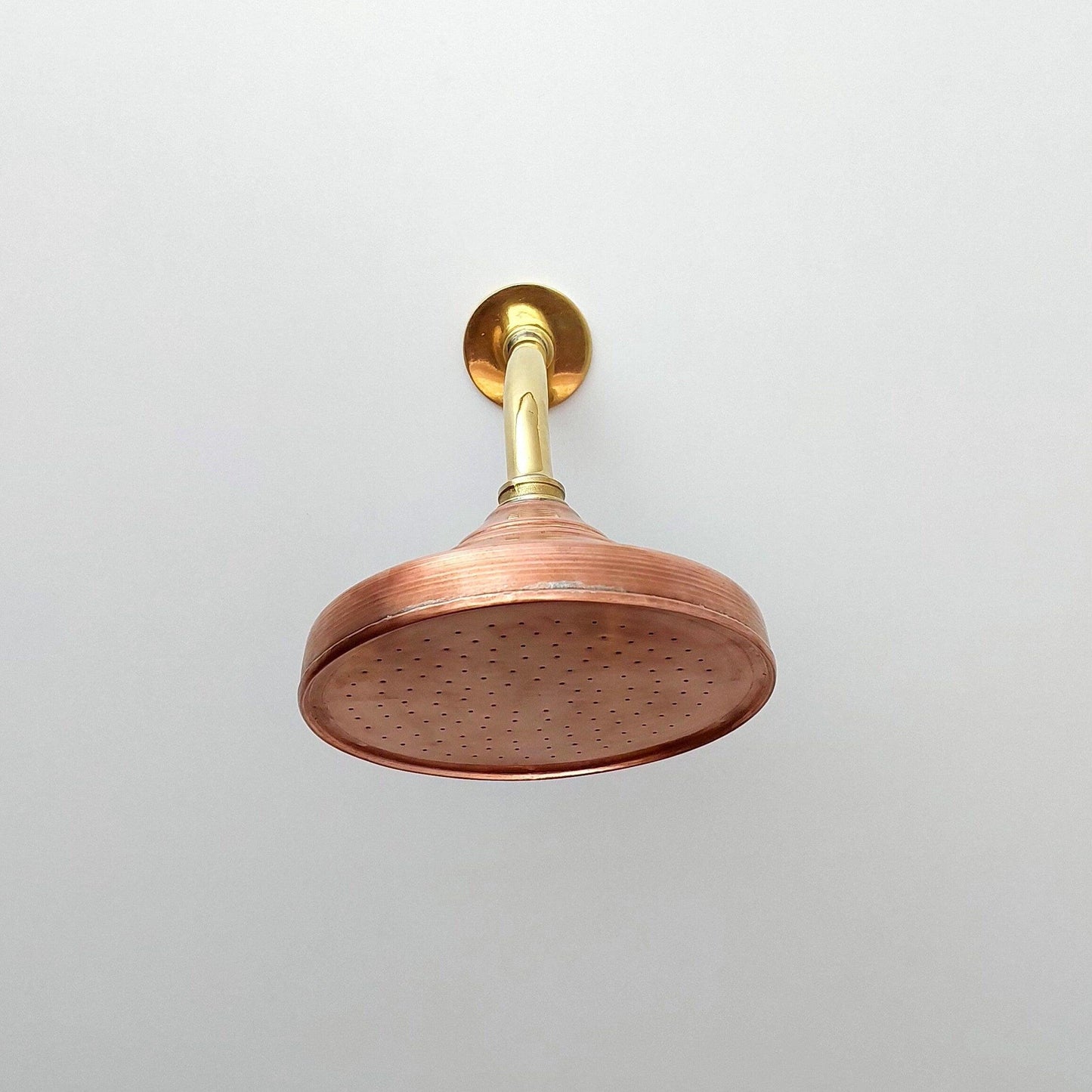 Copper Round Rain Shower Head with Brass Curved Arm for Outdoor and Indoor Shower System - Ref: ATLASS42