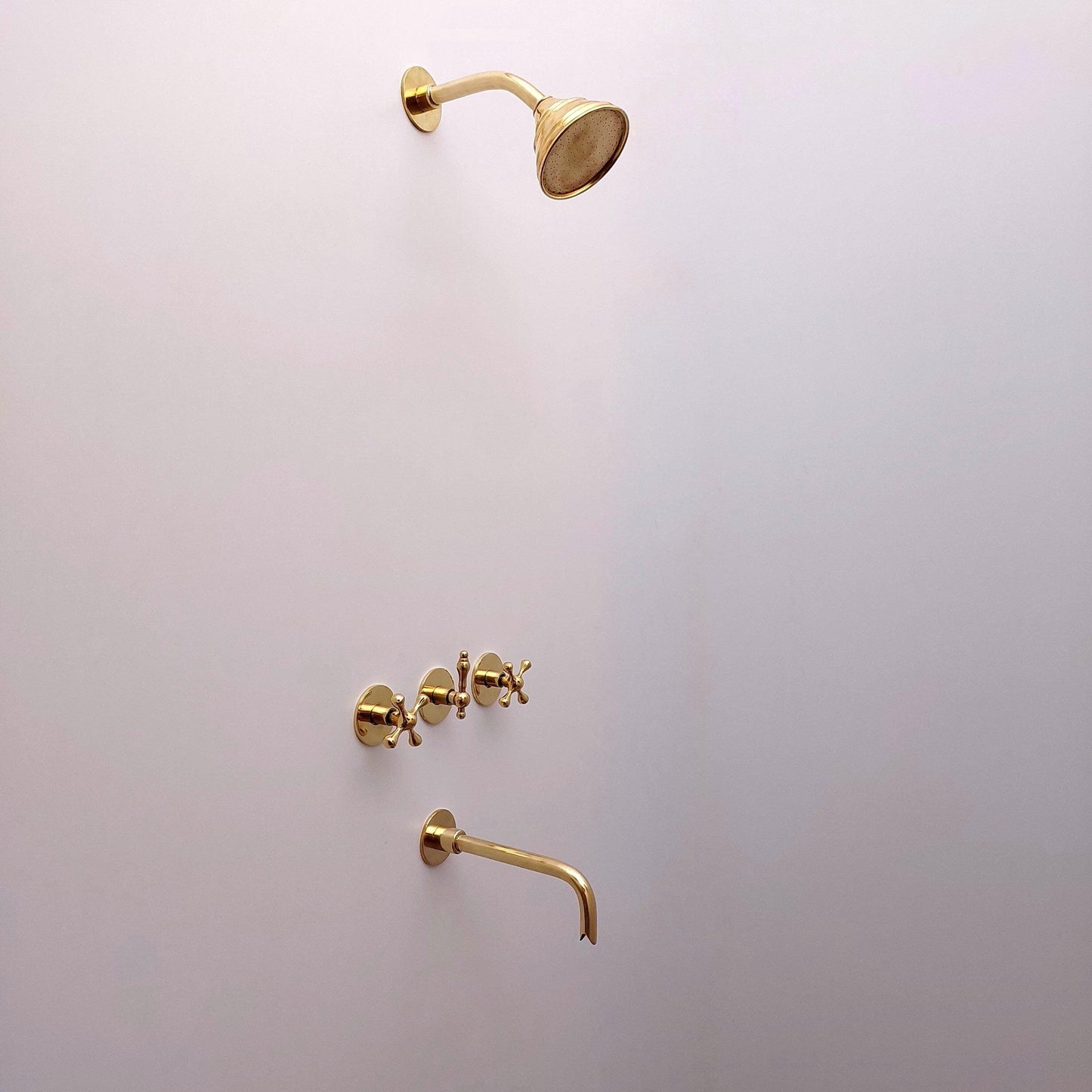 Unlacquered Brass Shower System with Tub Filler and Round Shower Head - Ref: ATLASS33