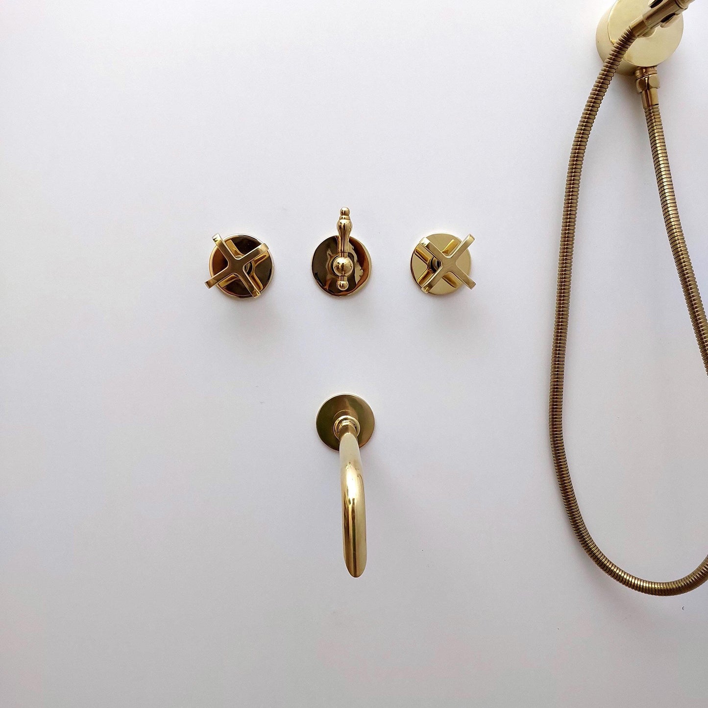 Unlacquered Brass Shower System with Handheld Shower Head, Tub Filler, and Round Shower Head - Ref: ATLASS36