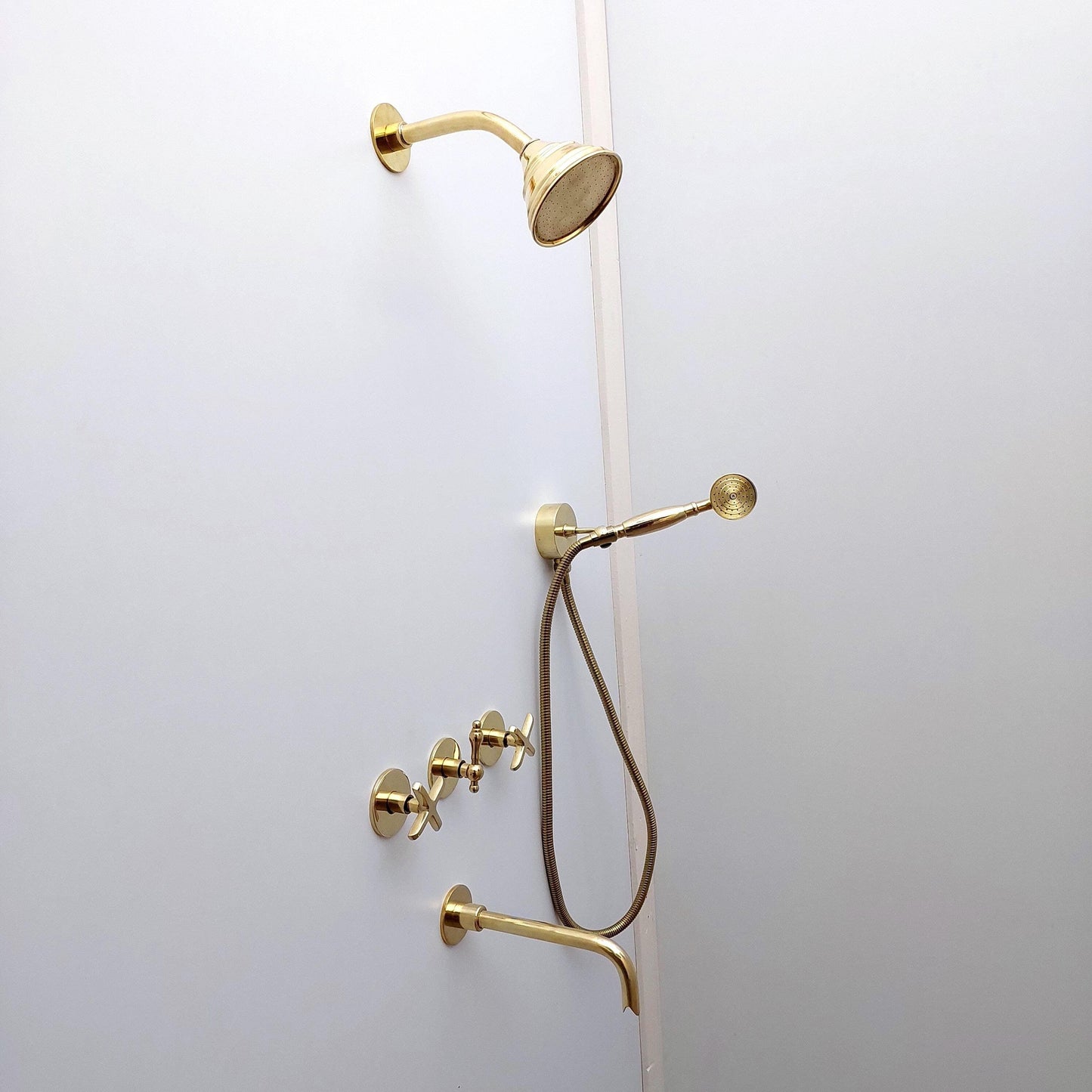 Unlacquered Brass Shower System with Handheld Shower Head, Tub Filler, and Round Shower Head - Ref: ATLASS36