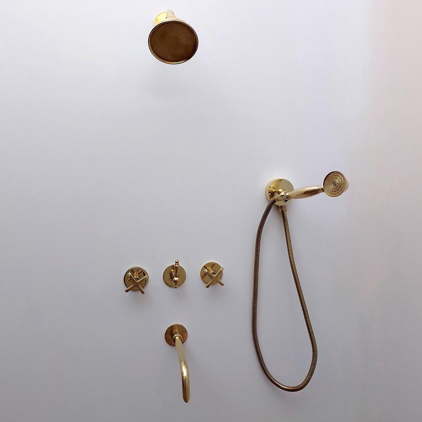 Unlacquered Brass Shower System with Handheld Shower Head, Tub Filler, and Round Shower Head - Ref: ATLASS36