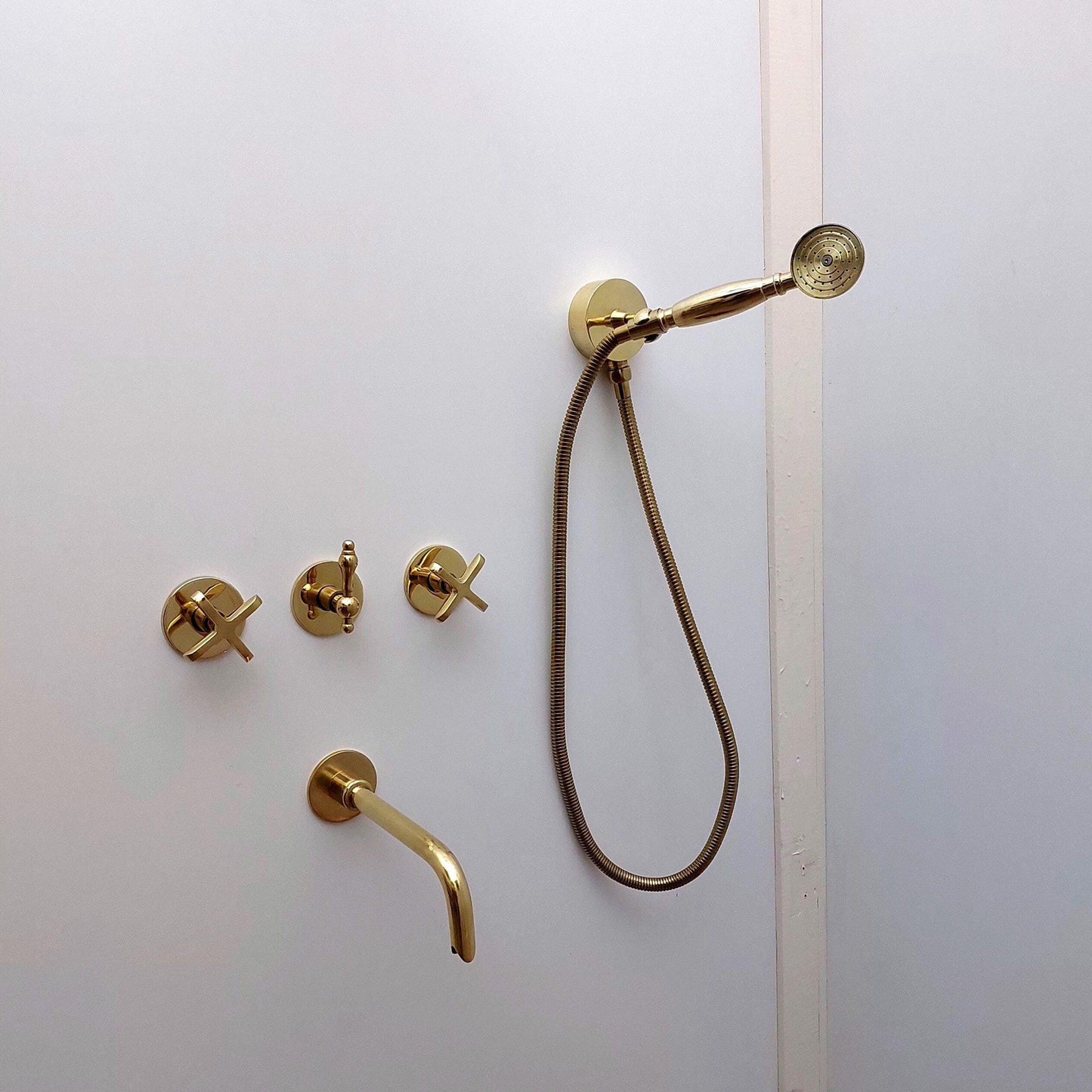 Unlacquered Brass Shower System with Handheld Shower Head, Tub Filler, and Round Shower Head - Ref: ATLASS36