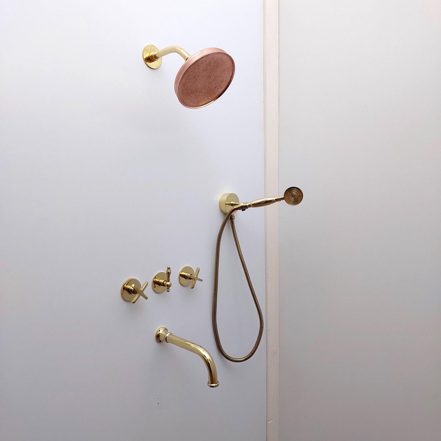 Unlacquered Brass Shower System with Handheld Shower Head, Tub Filler and Copper Round Rain Shower Head - Ref: ATLASS37
