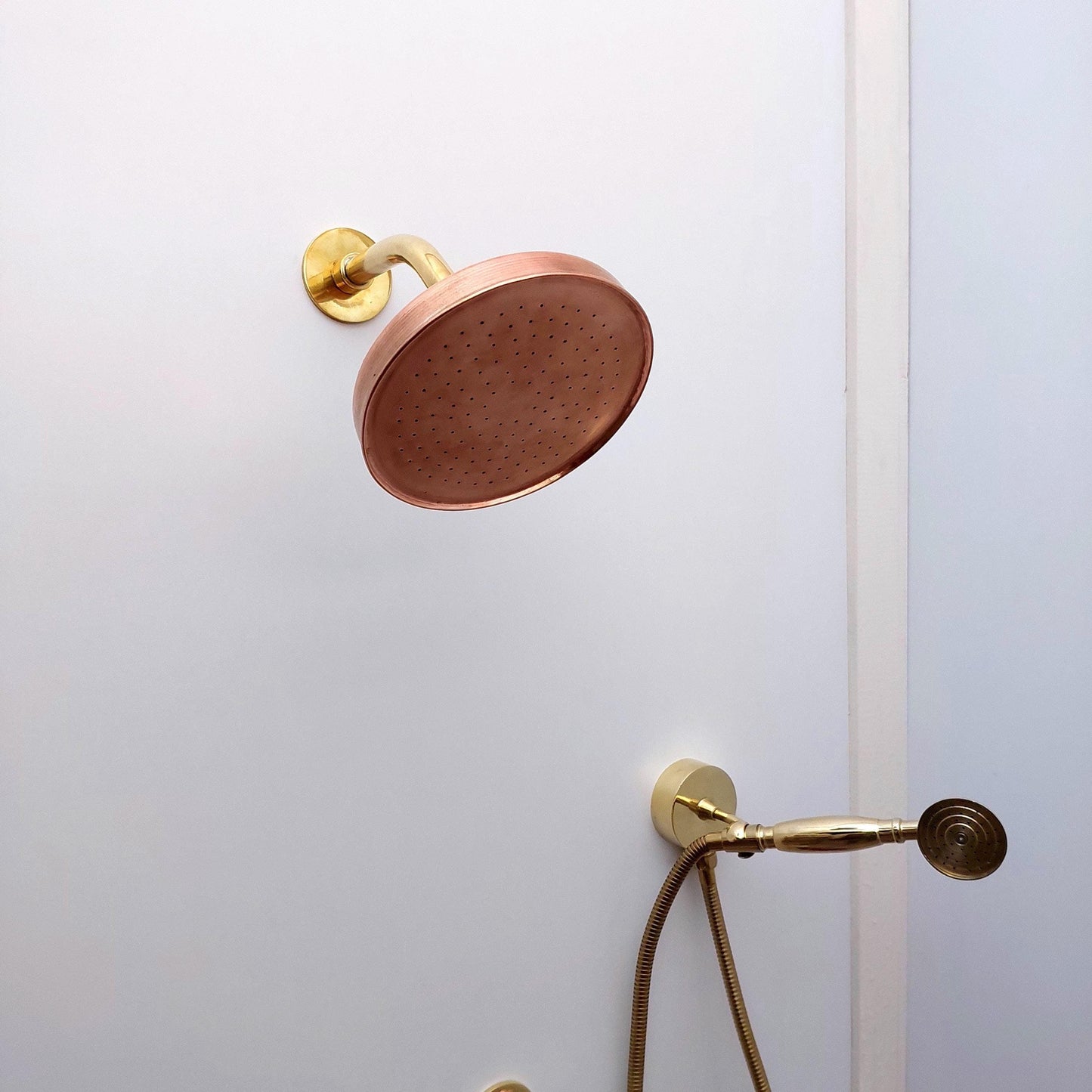Unlacquered Brass Shower System with Handheld Shower Head, Tub Filler and Copper Round Rain Shower Head - Ref: ATLASS39