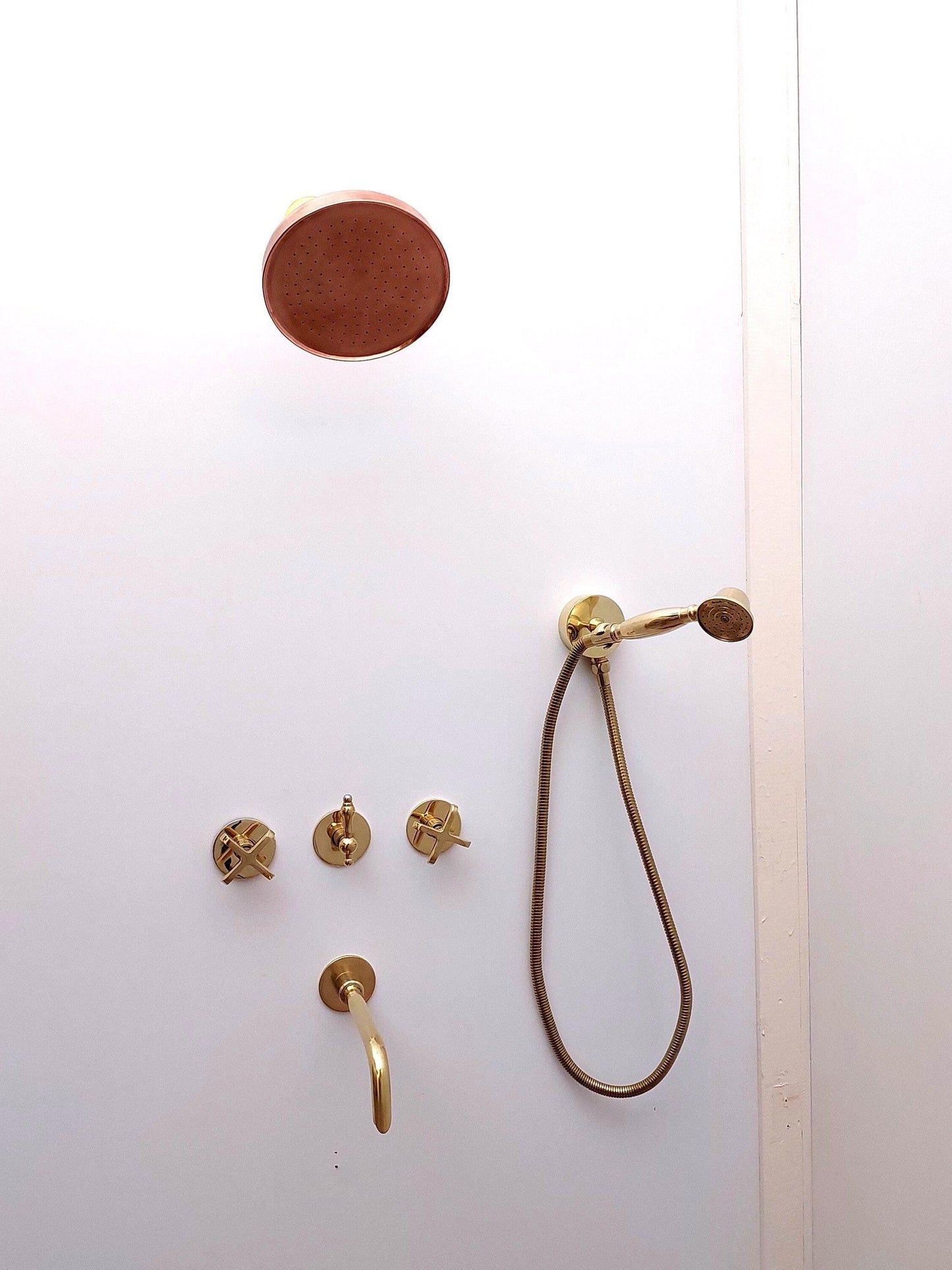 Unlacquered Brass Shower System with Handheld Shower Head, Tub Filler and Copper Round Rain Shower Head - Ref: ATLASS39