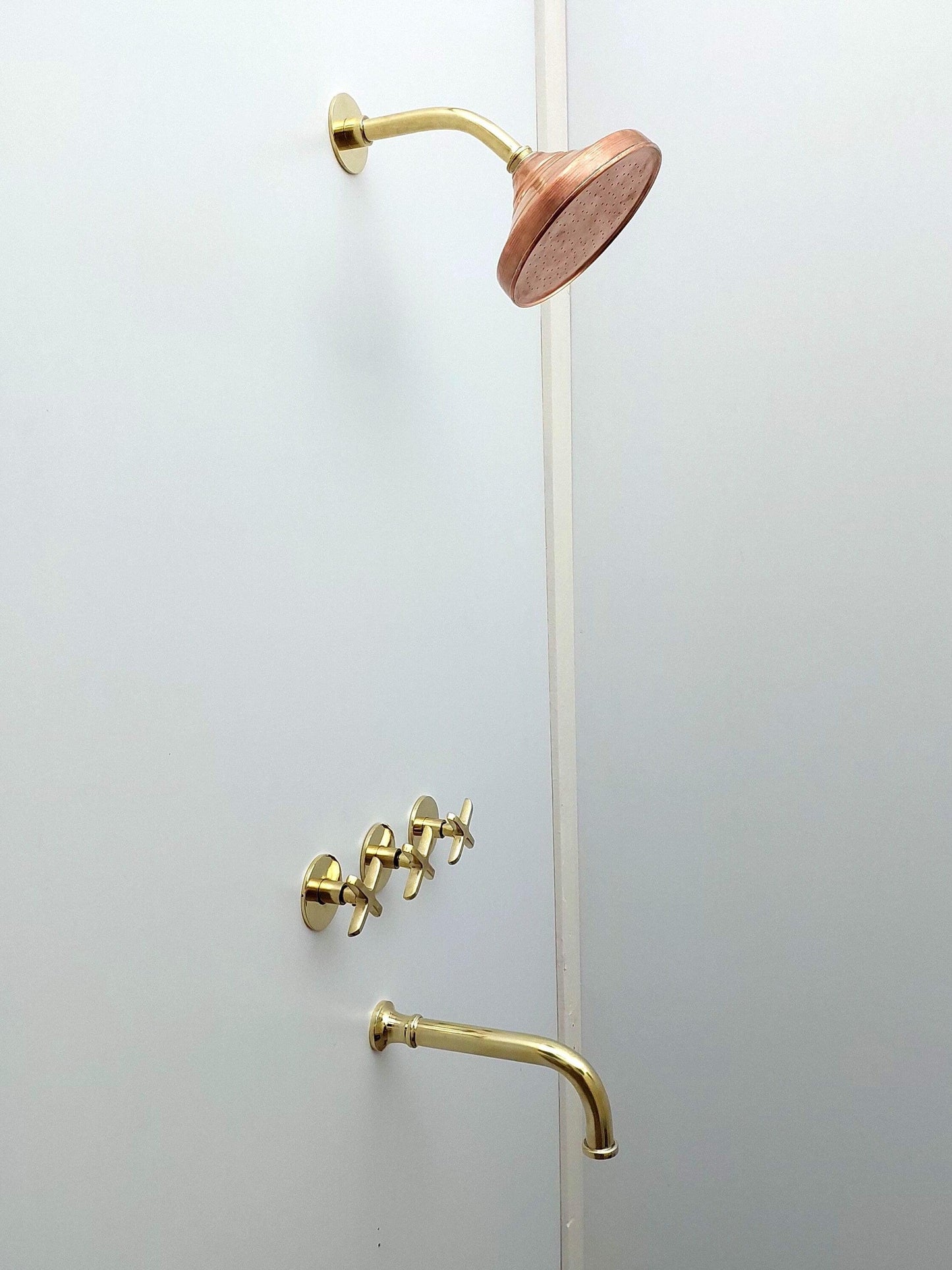 Unlacquered Brass Shower System with Tub Filler and Copper Round Rain Shower Head - Ref: ATLASS40