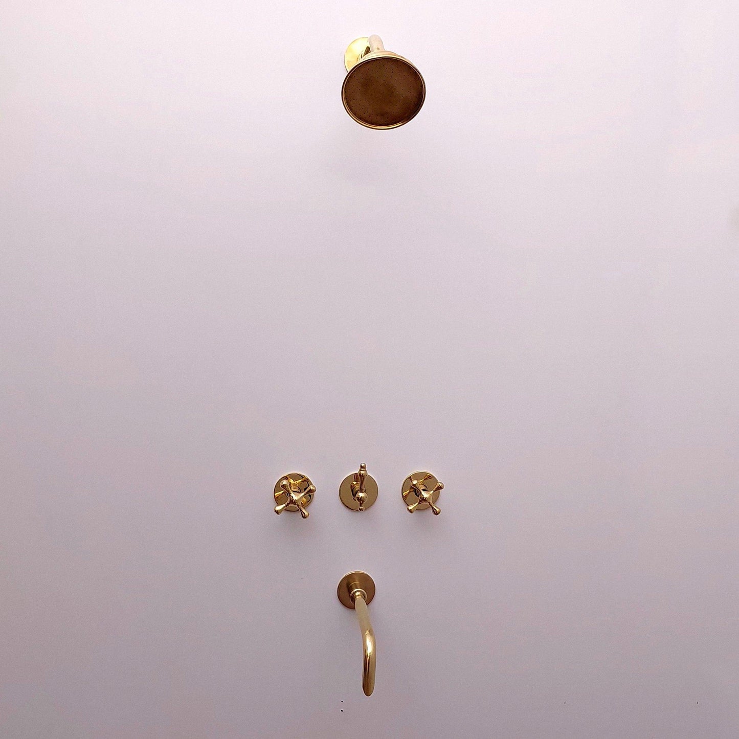 Unlacquered Brass Shower System with Tub Filler and Round Shower Head - Ref: ATLASS33