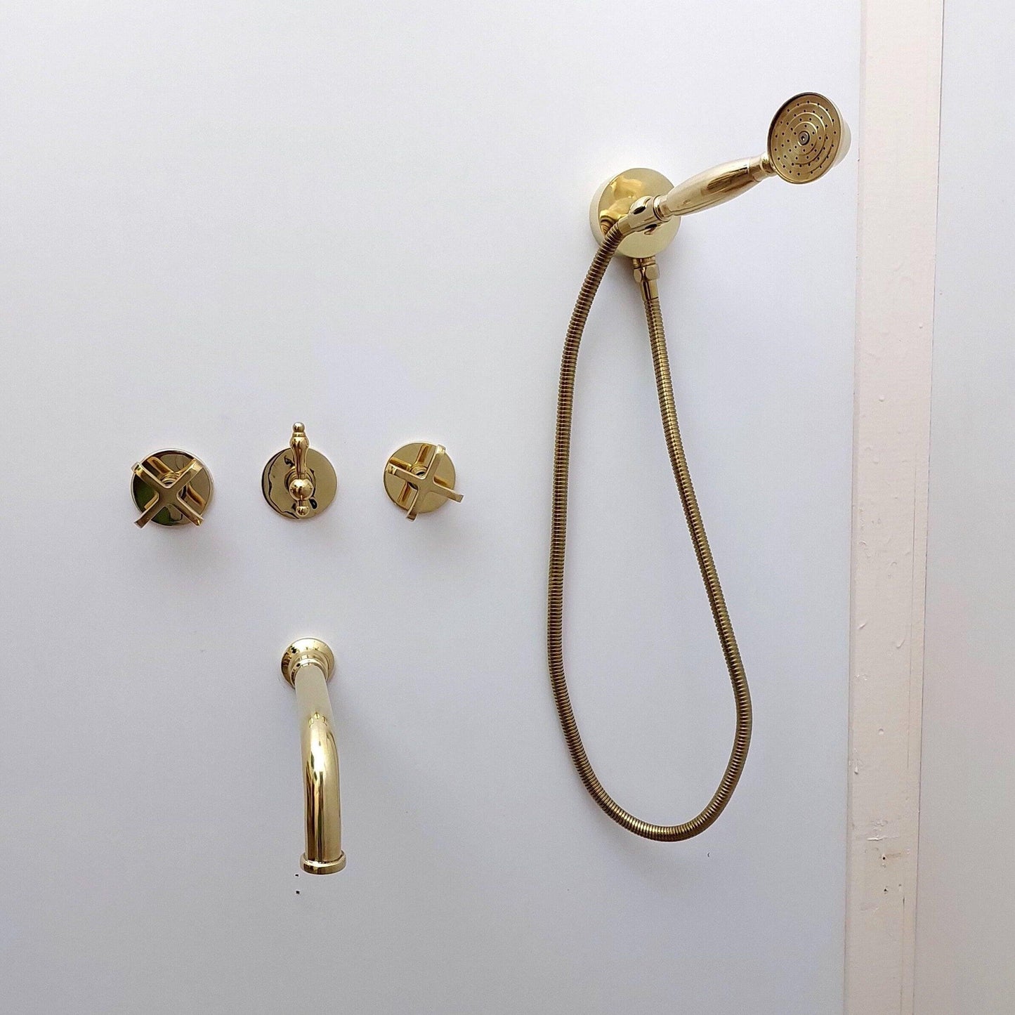 Unlacquered Brass Shower System with Handheld Shower Head, Tub Filler and Copper Round Rain Shower Head - Ref: ATLASS37