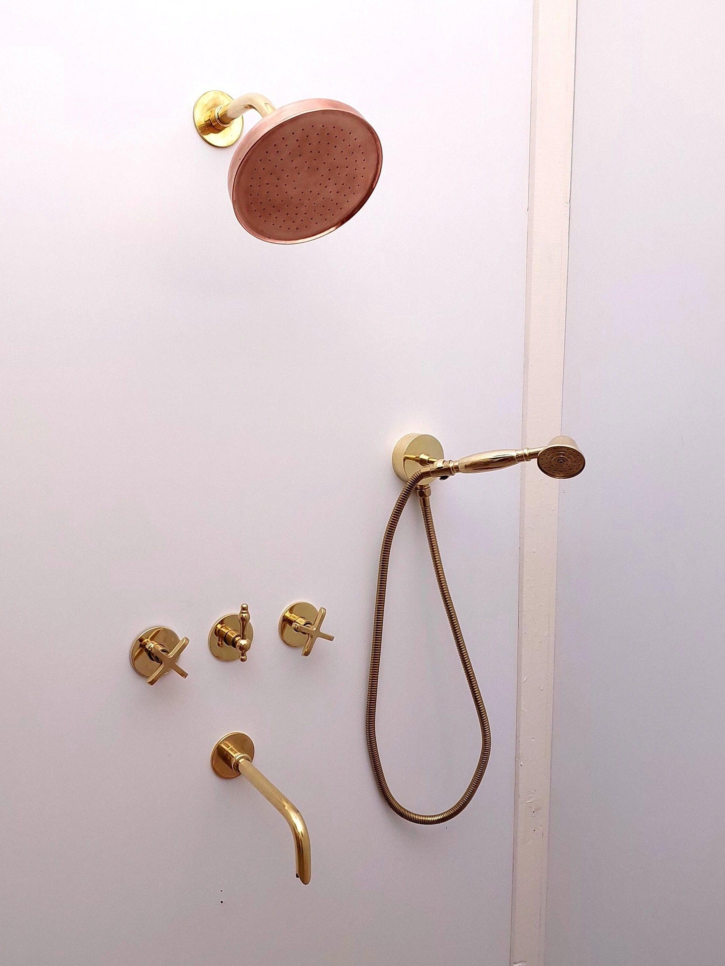 Unlacquered Brass Shower System with Handheld Shower Head, Tub Filler and Copper Round Rain Shower Head - Ref: ATLASS39