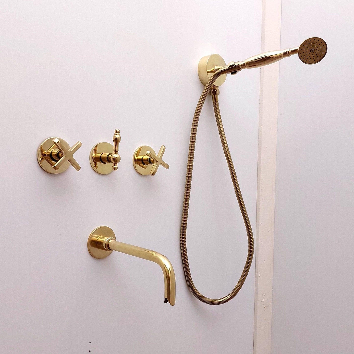 Unlacquered Brass Shower System with Handheld Shower Head, Tub Filler and Copper Round Rain Shower Head - Ref: ATLASS39