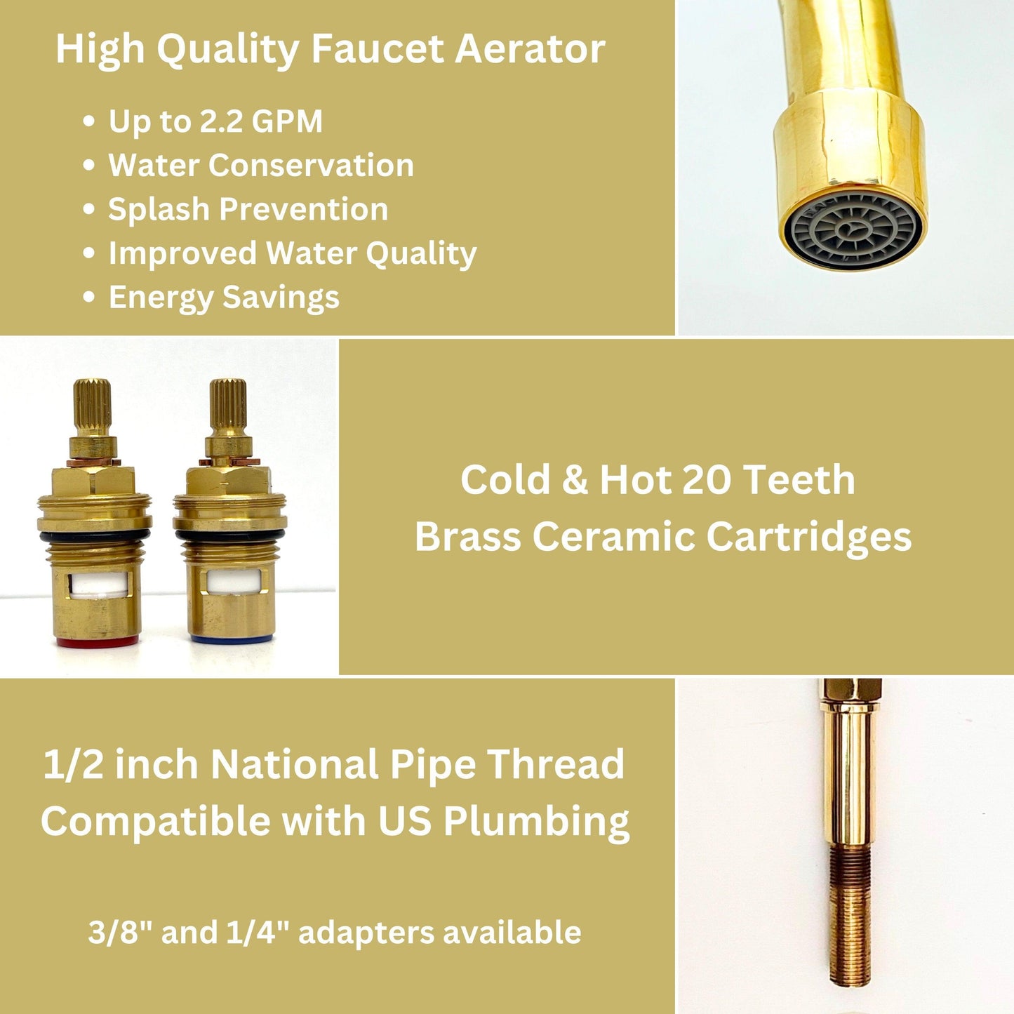 Unlacquered Brass 3 Holes Faucet, Vintage Deck Mounted Faucet with Sprayer & Cold Water Tap - Ref: THF01