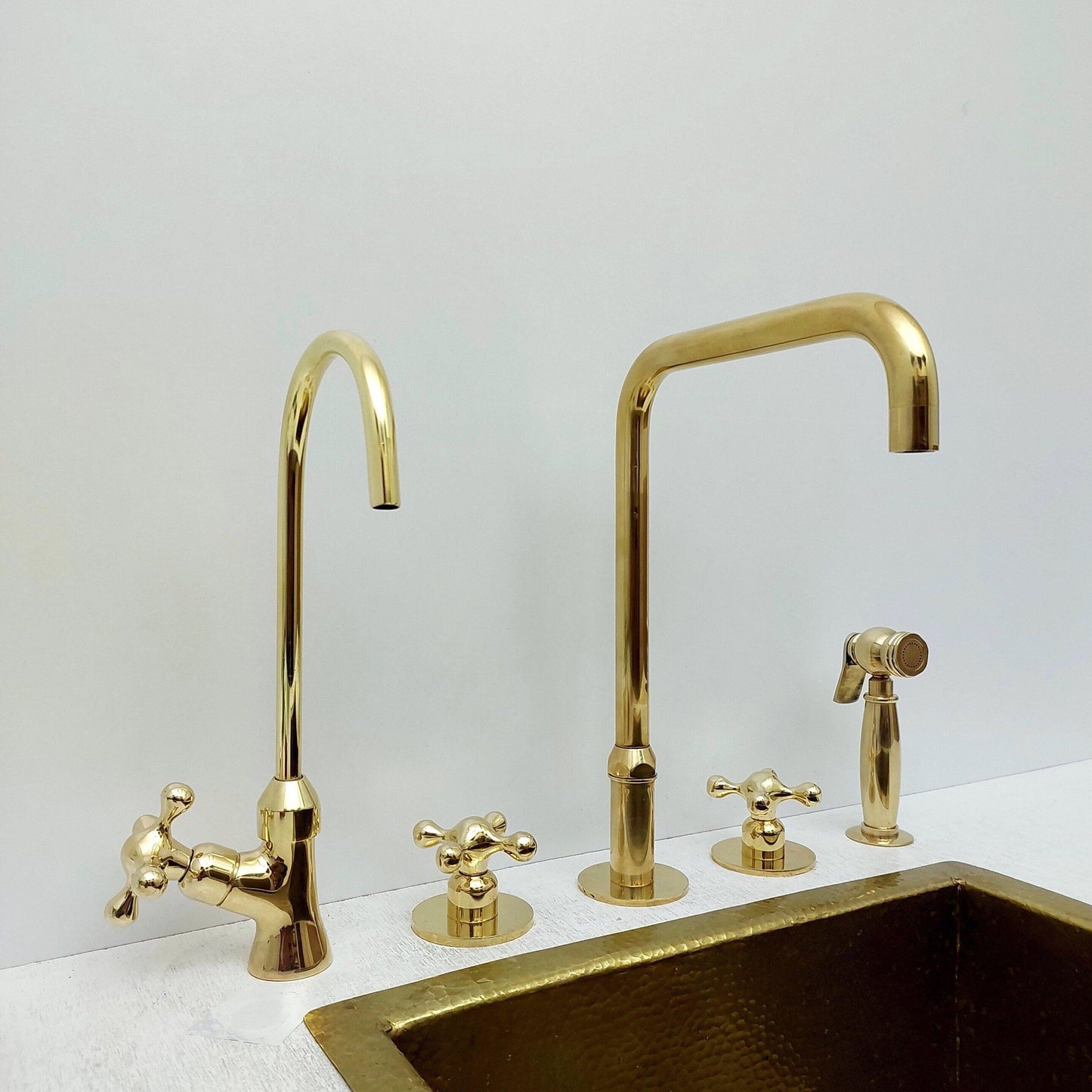 Unlacquered Brass 3 Holes Faucet, Vintage Deck Mounted Faucet with Sprayer & Cold Water Tap - Ref: THF01