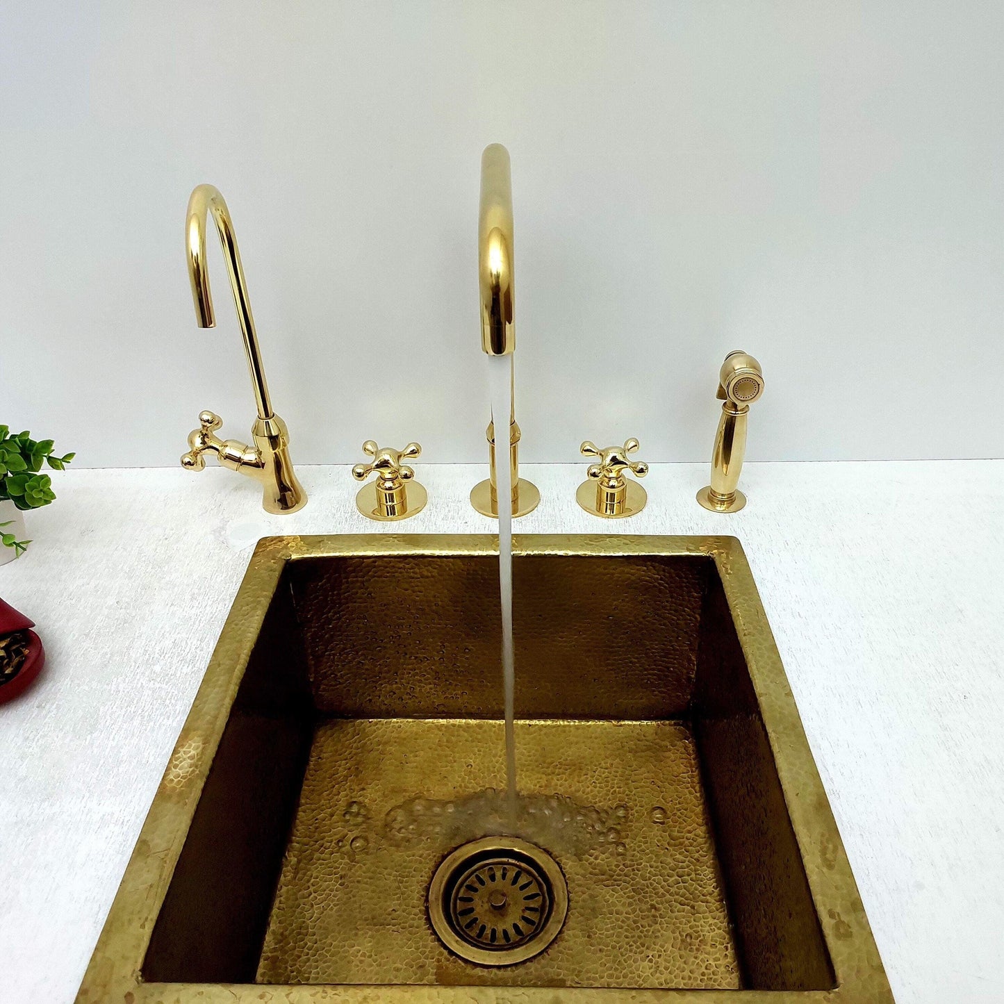 Unlacquered Brass 3 Holes Faucet, Vintage Deck Mounted Faucet with Sprayer & Cold Water Tap - Ref: THF01