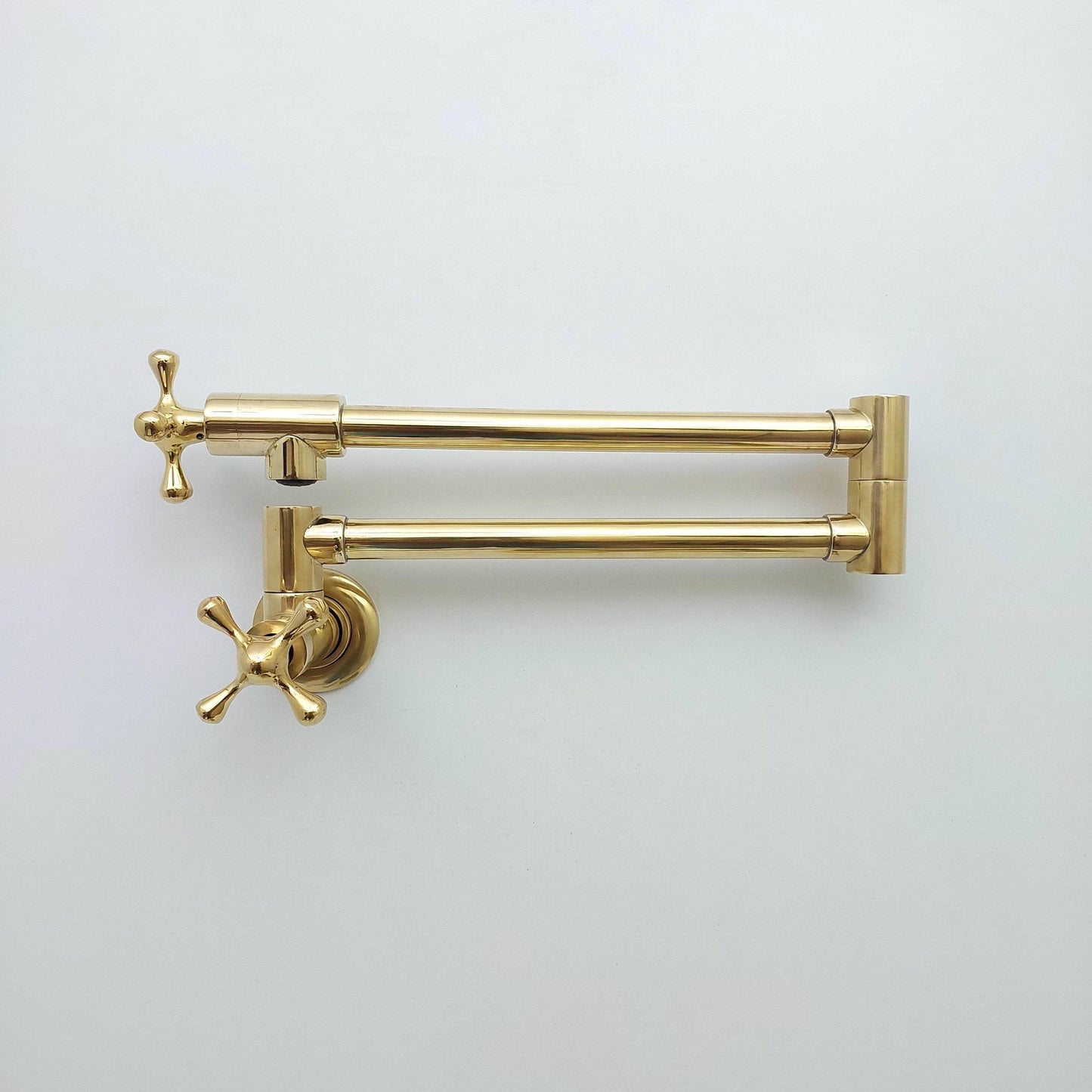 Unlacquered Brass Double Joint Pot Filler, Wall Mount Antique Pot Filler with Cross Handle- Ref: PF-002-C