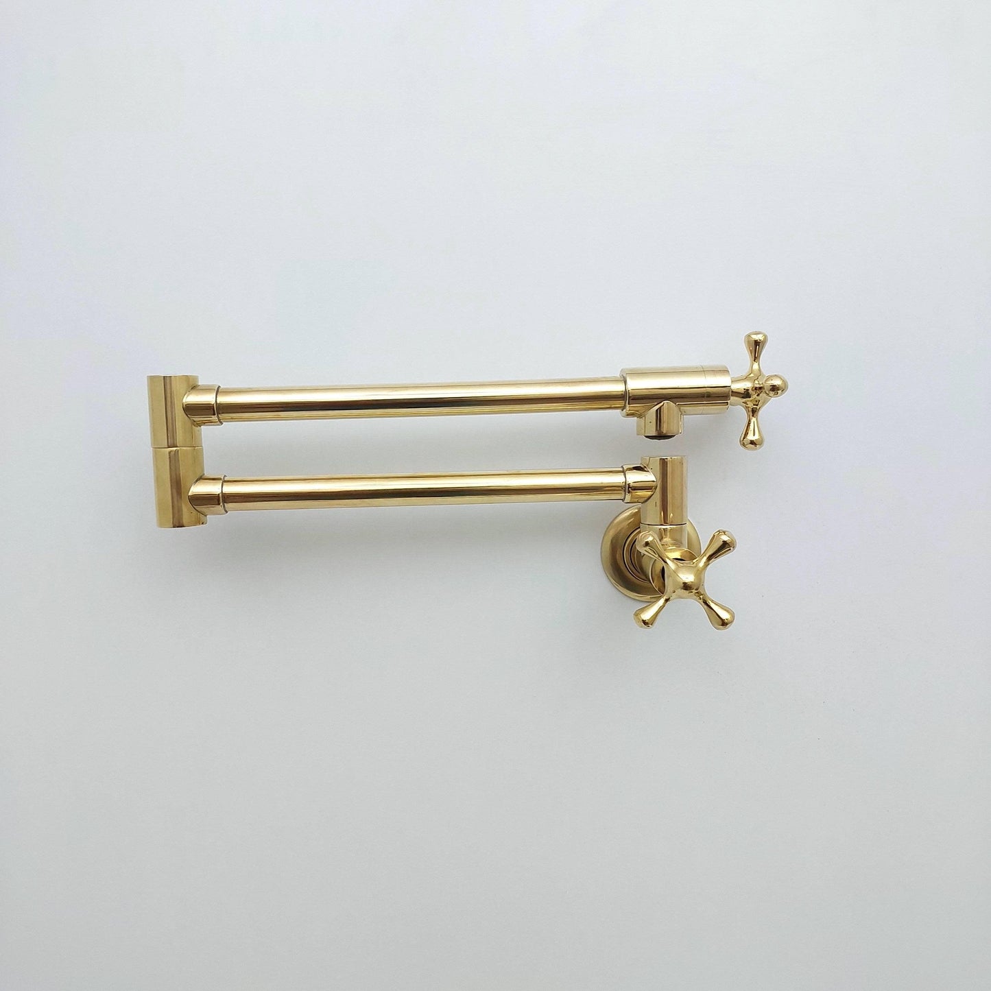 Unlacquered Brass Double Joint Pot Filler, Wall Mount Antique Pot Filler with Cross Handle- Ref: PF-002-C