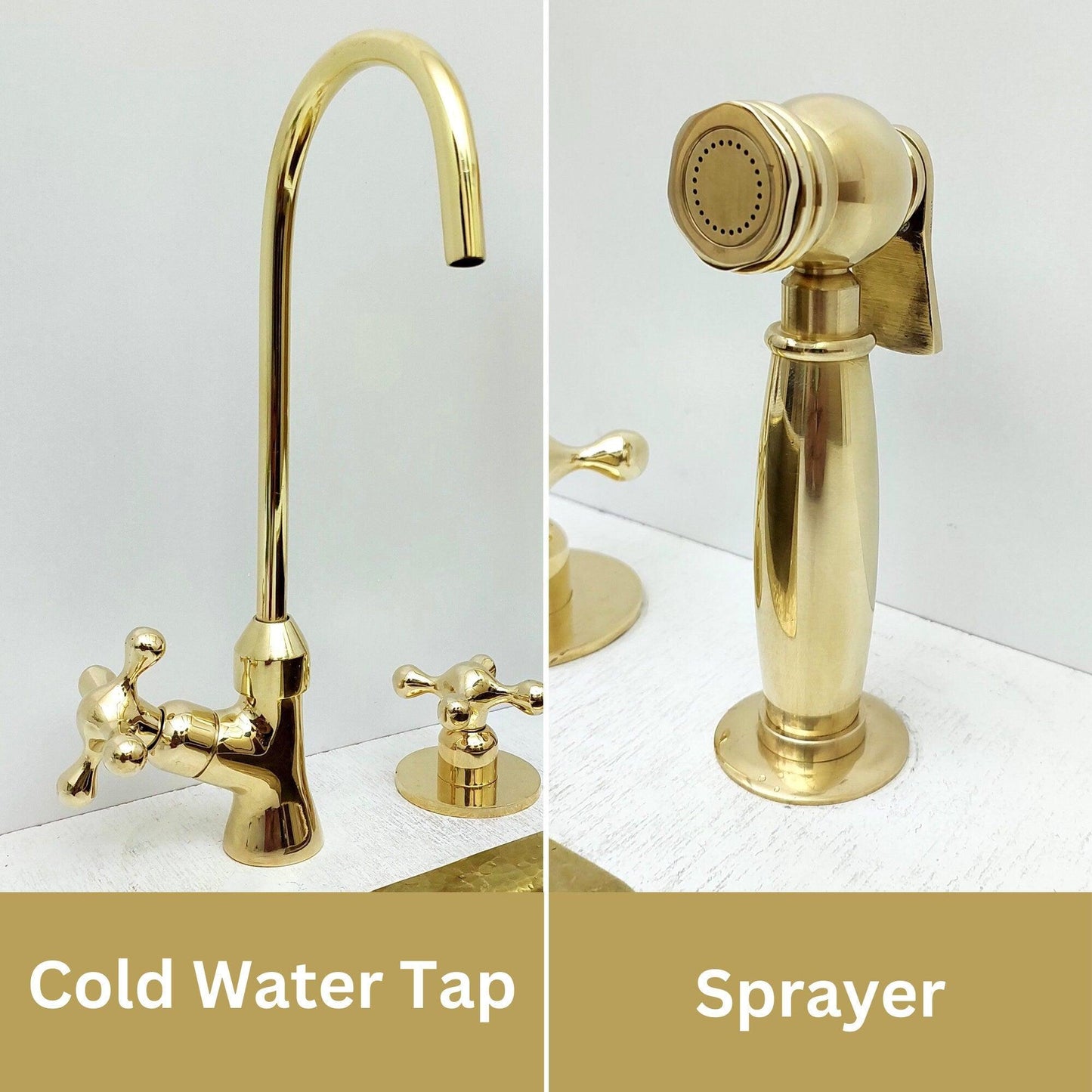 Unlacquered Brass 3 Holes Faucet, Vintage Deck Mounted Faucet with Sprayer & Cold Water Tap - Ref: THF01